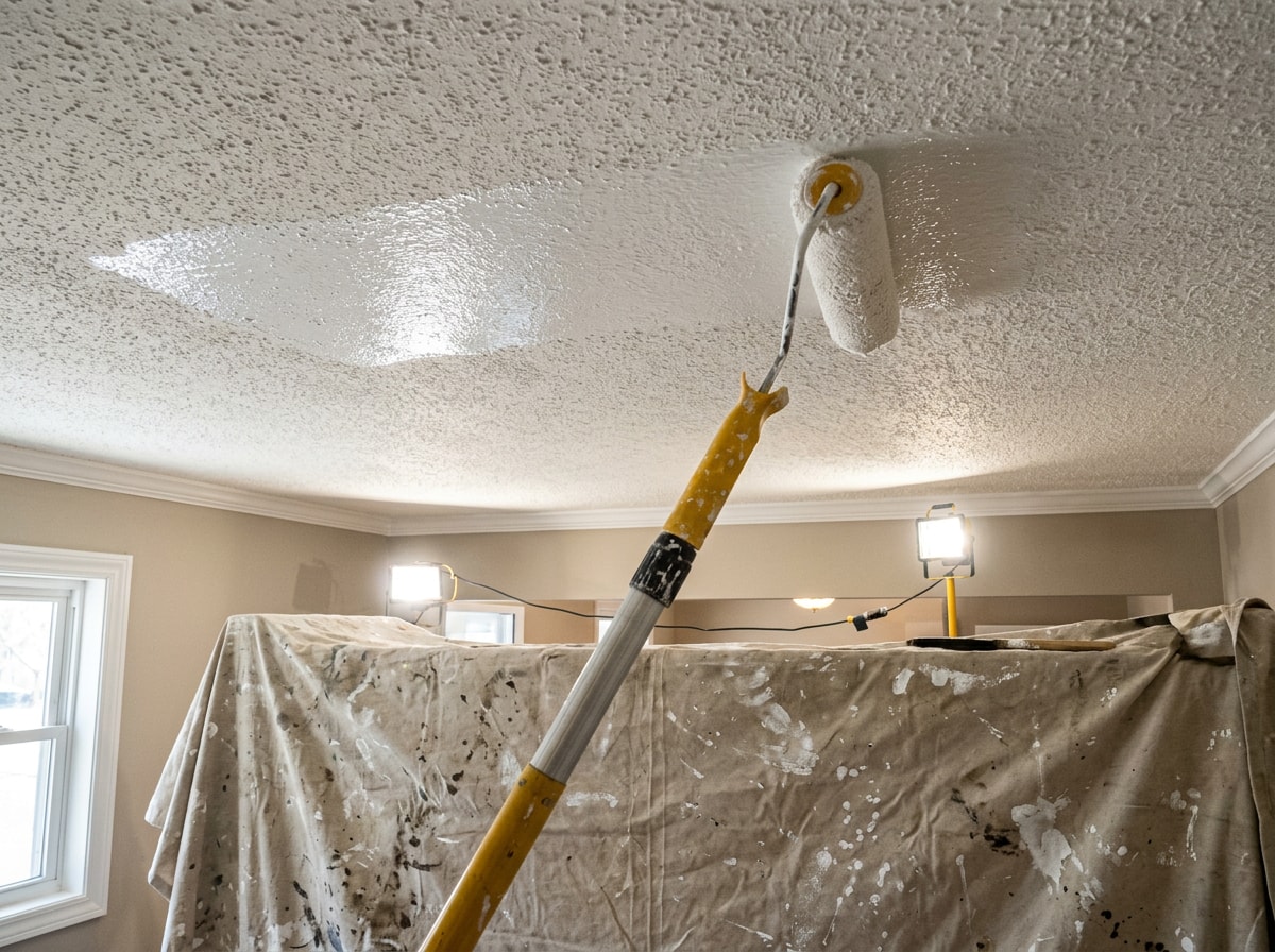 Painter applying fresh ceiling paint with a roller extension pole