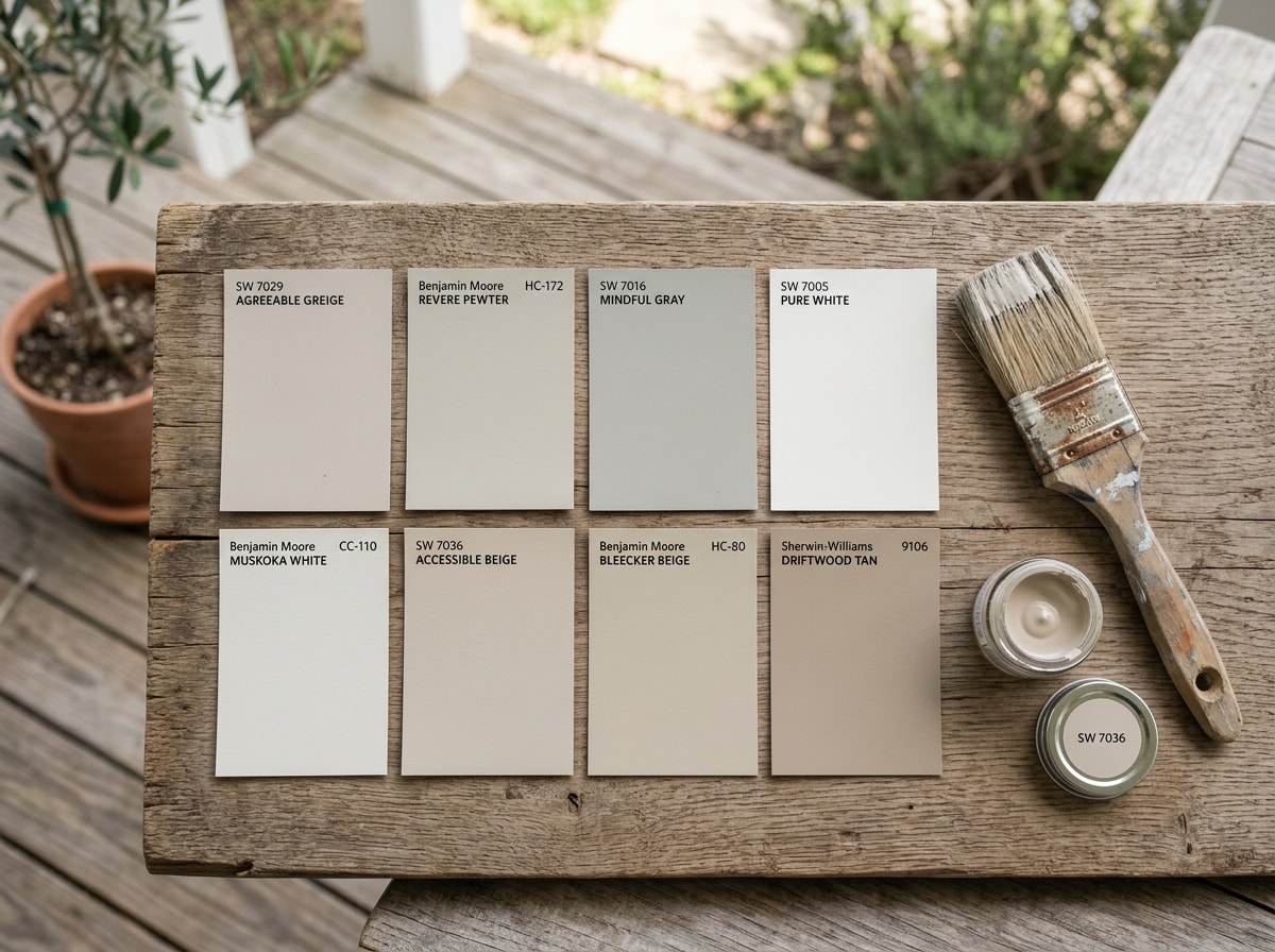 Neutral desert-friendly exterior paint color palette swatches arranged on a board