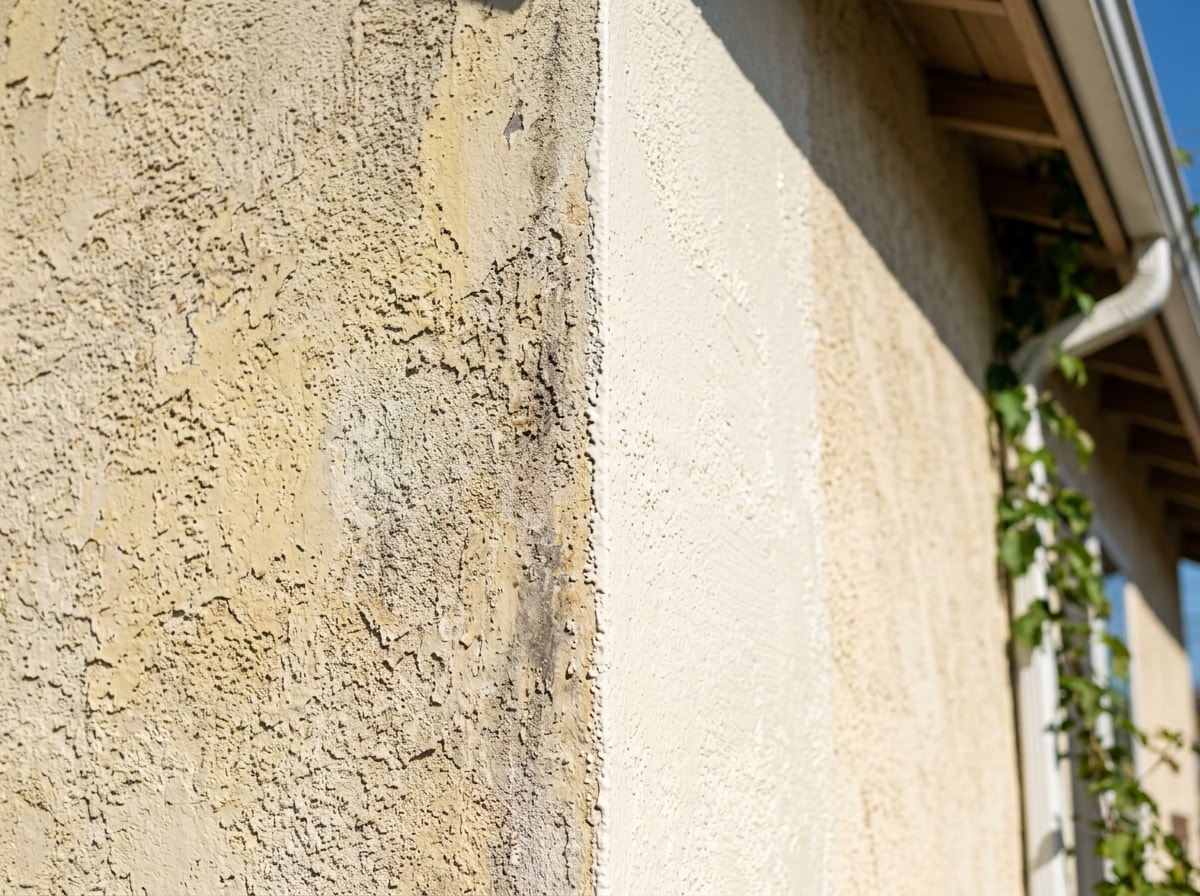 Freshly painted stucco exterior wall showing clean prep and even coverage before and after a repaint