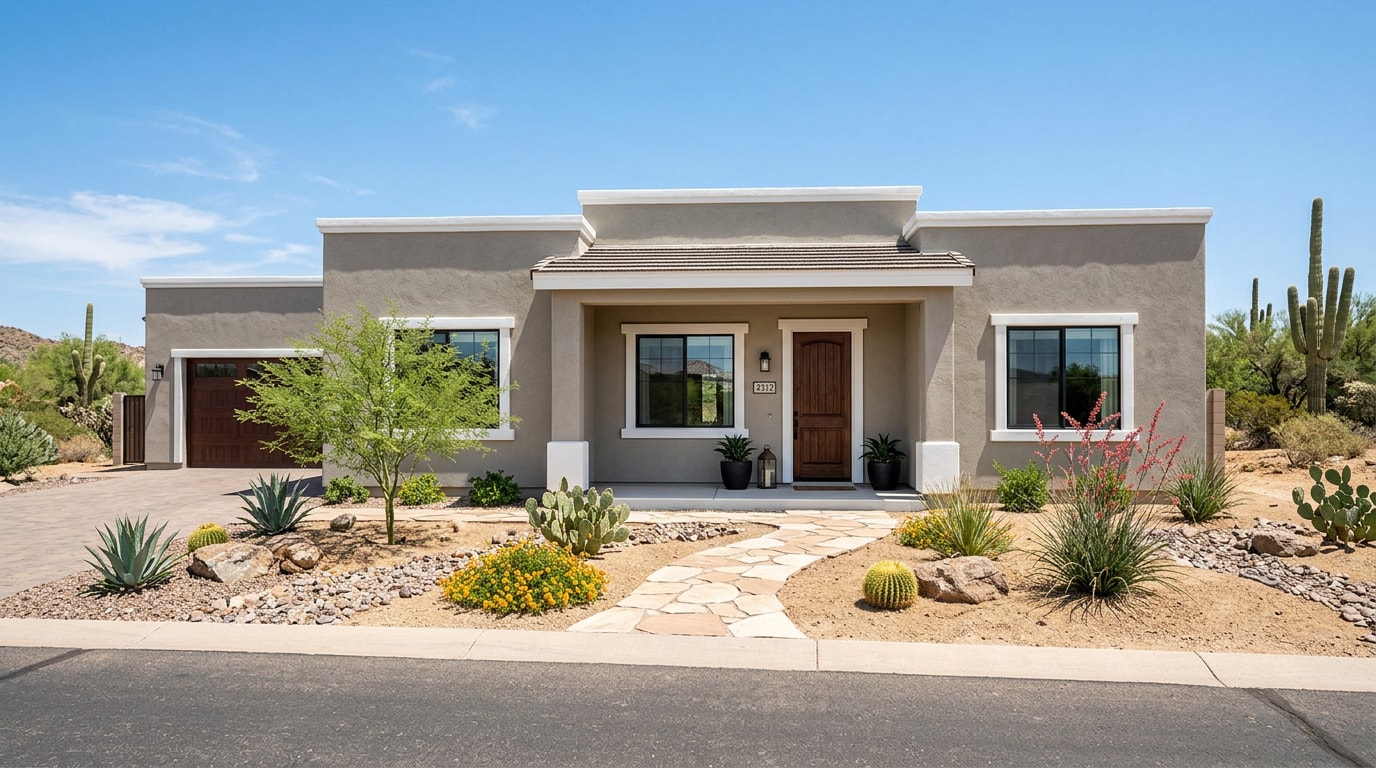 Freshly painted stucco home exterior in a desert neighborhood Freshly painted stucco home exterior in a desert neighborhood