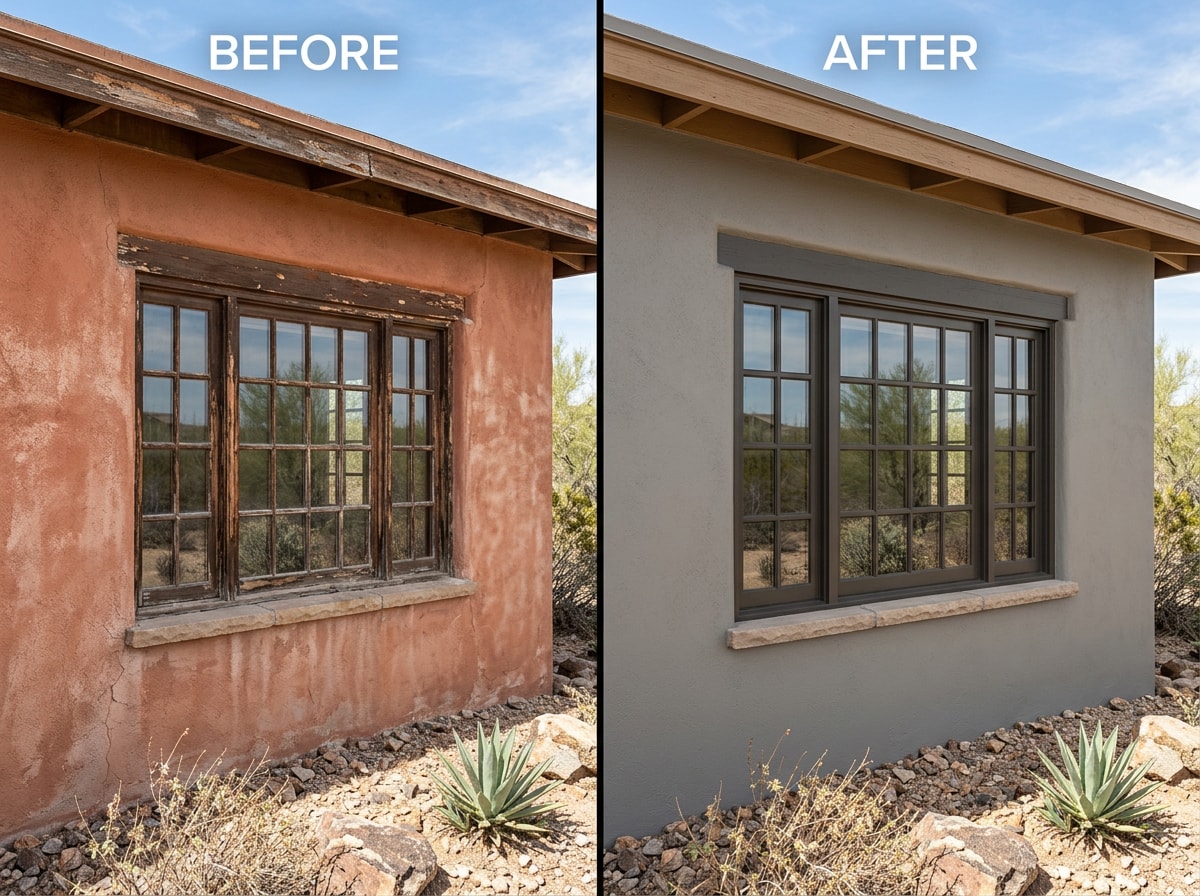 Before and after photo of a Seligman, AZ home exterior showing faded paint repainted to boost curb appeal and home value