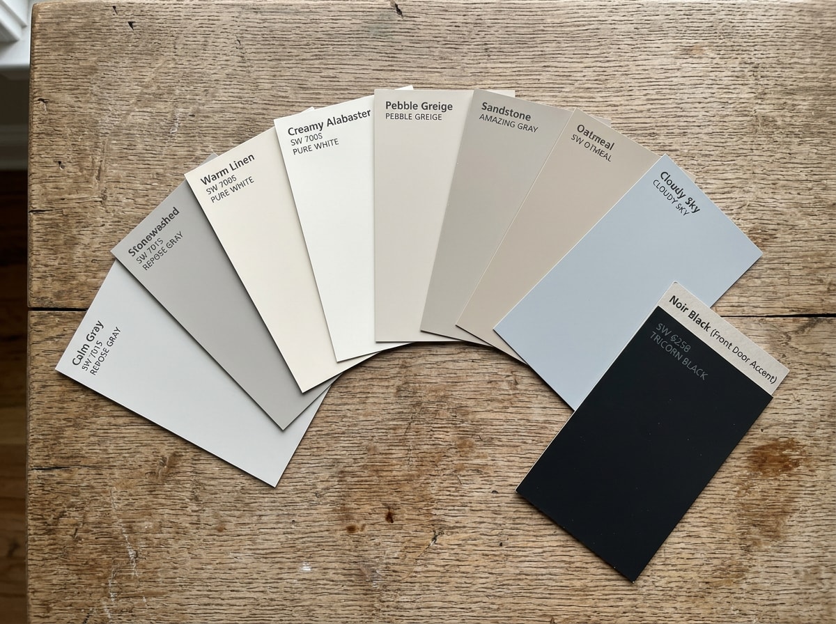 Color palette swatches showing neutral exterior paint colors and a black front door option for resale value
