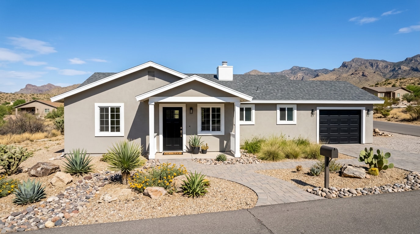 Freshly painted stucco home exterior in a high-desert Arizona neighborhood