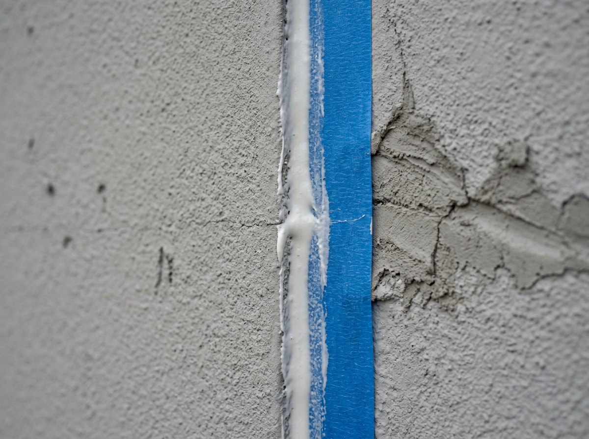 Close-up of properly prepped and caulked stucco wall seams before exterior paint application