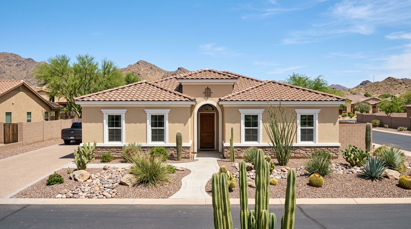 Freshly repainted stucco house exterior in a Golden Valley, AZ desert neighborhood