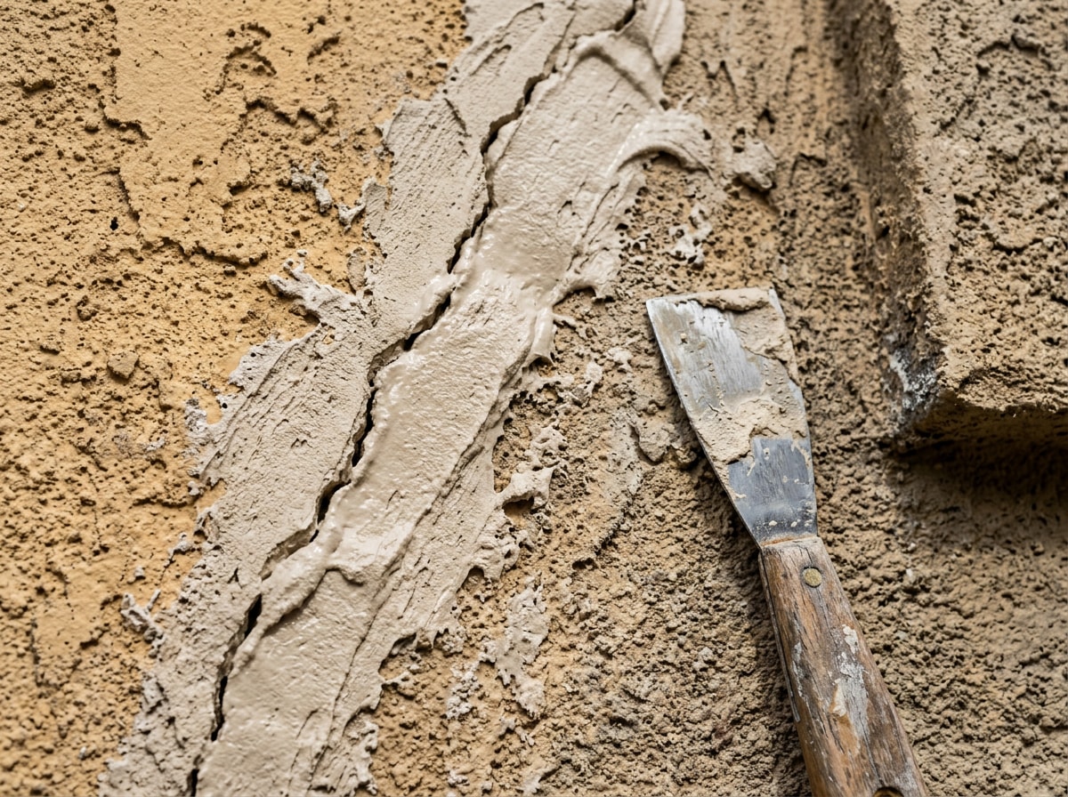 Close-up of a handyman patching and feathering a cracked stucco wall before priming