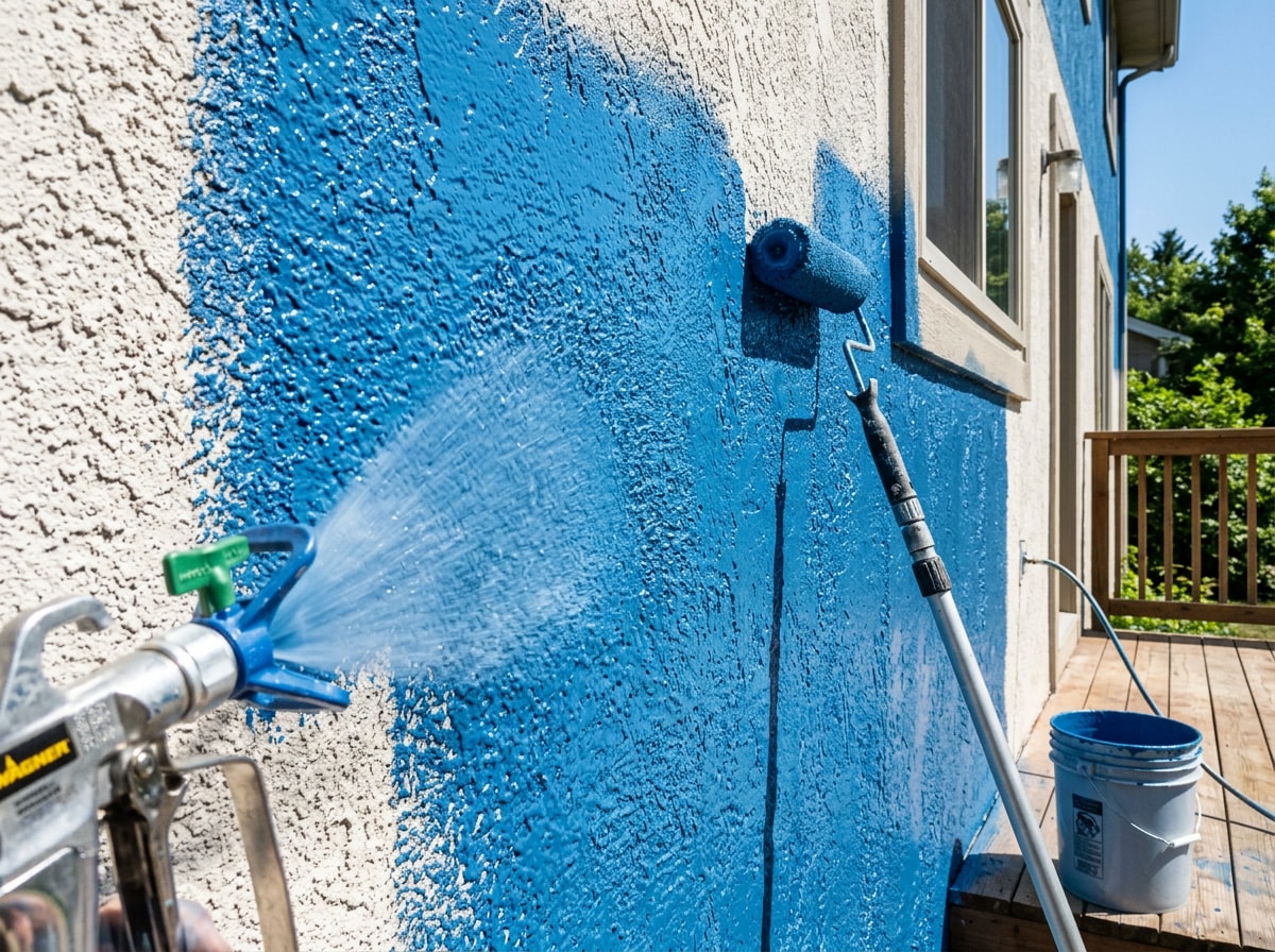Painter using spray and back roll technique to apply exterior acrylic paint to a textured stucco wall