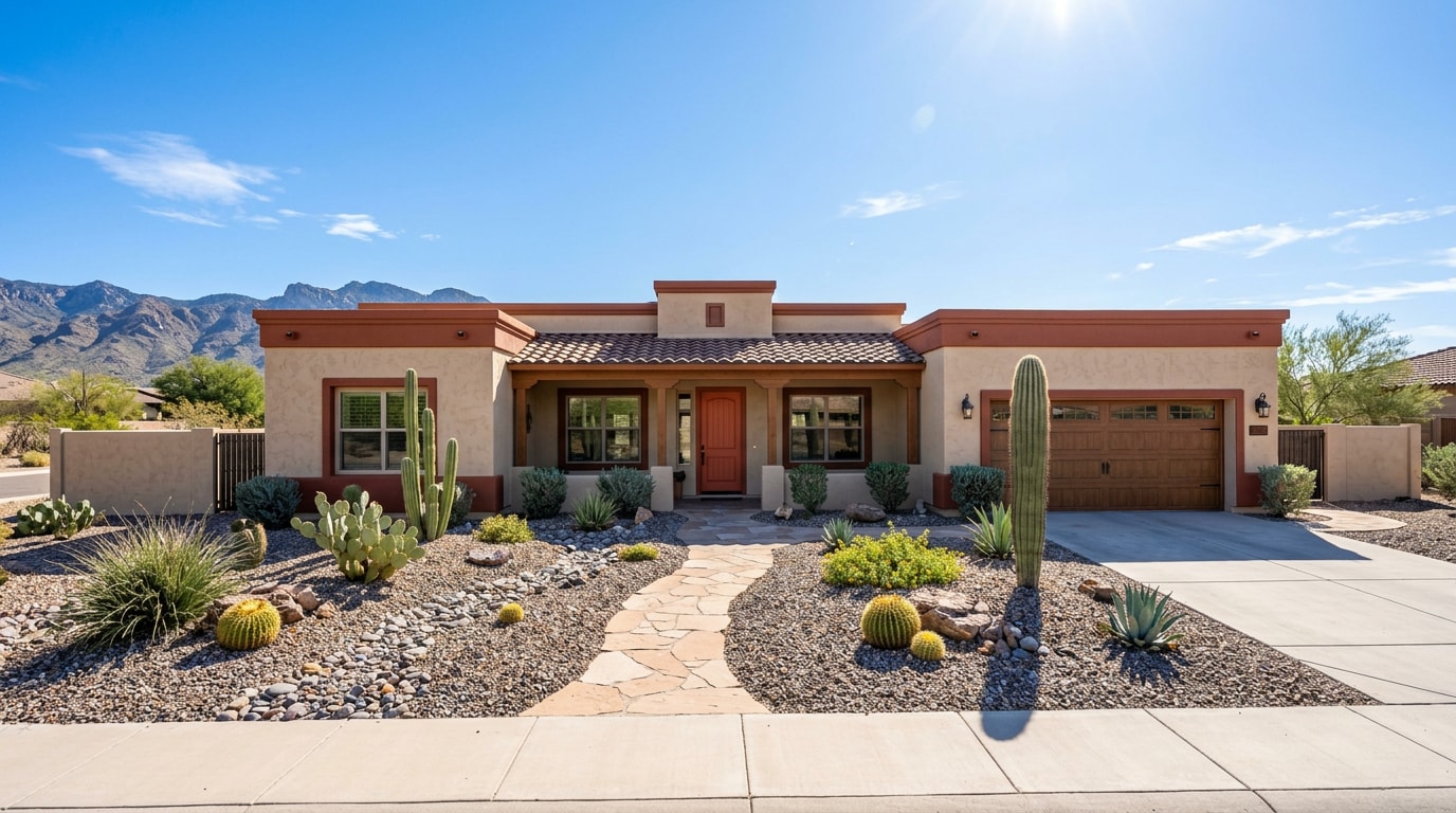Freshly painted stucco home exterior in a desert Southwest neighborhood Freshly painted stucco home exterior in a desert Southwest neighborhood