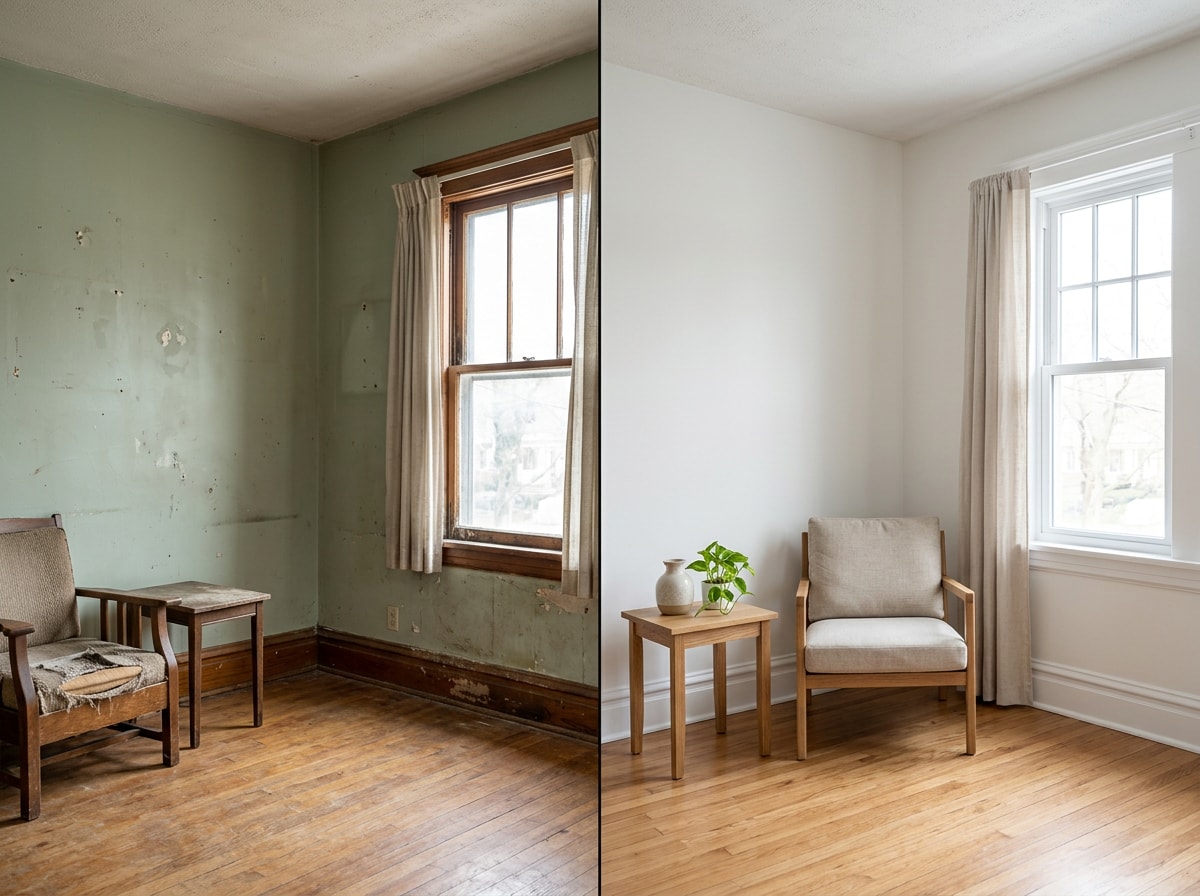 Before and after interior room repainted by Bullhead City residential painters
