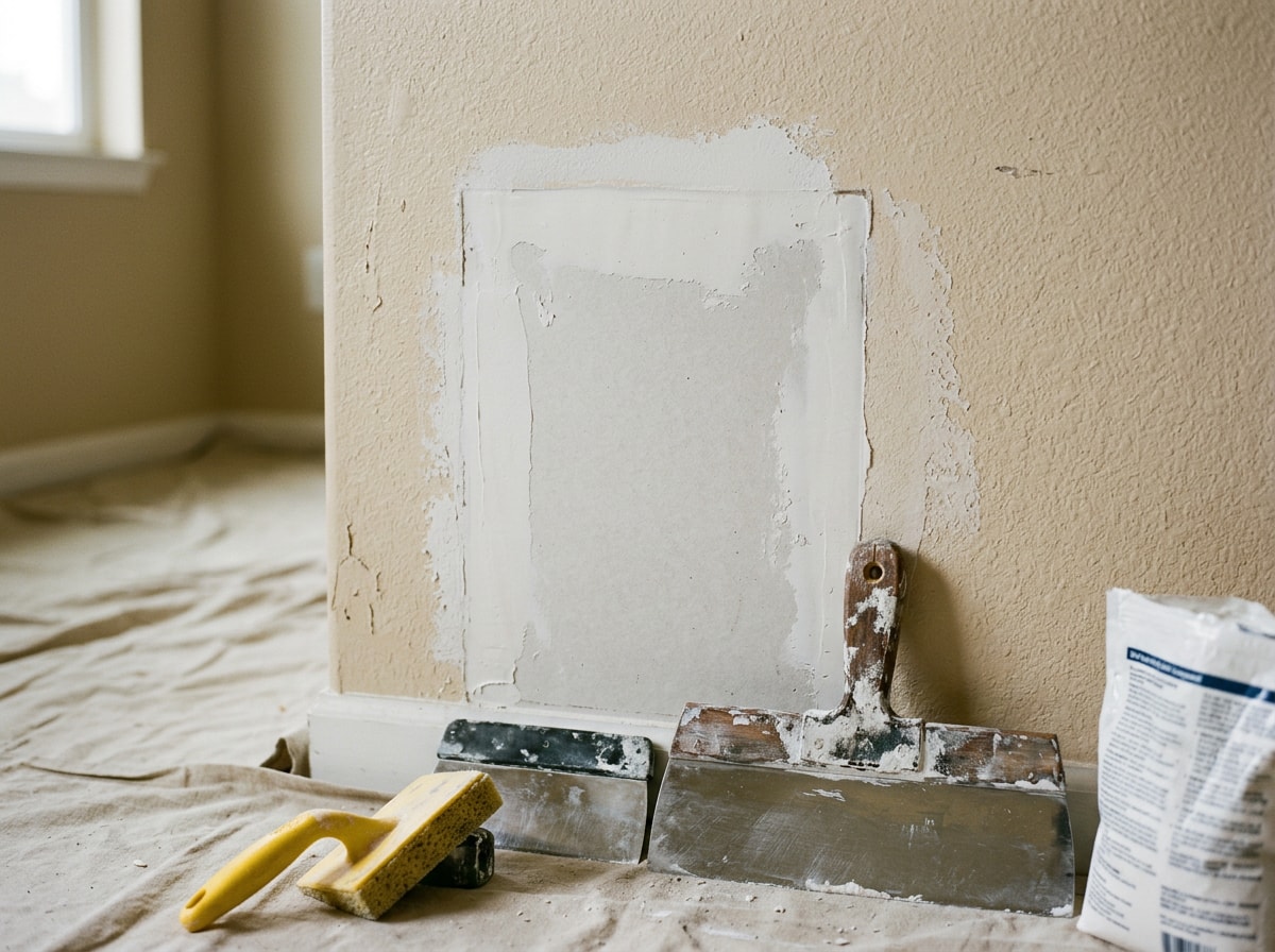 Drywall repair and texture matching in progress before repainting