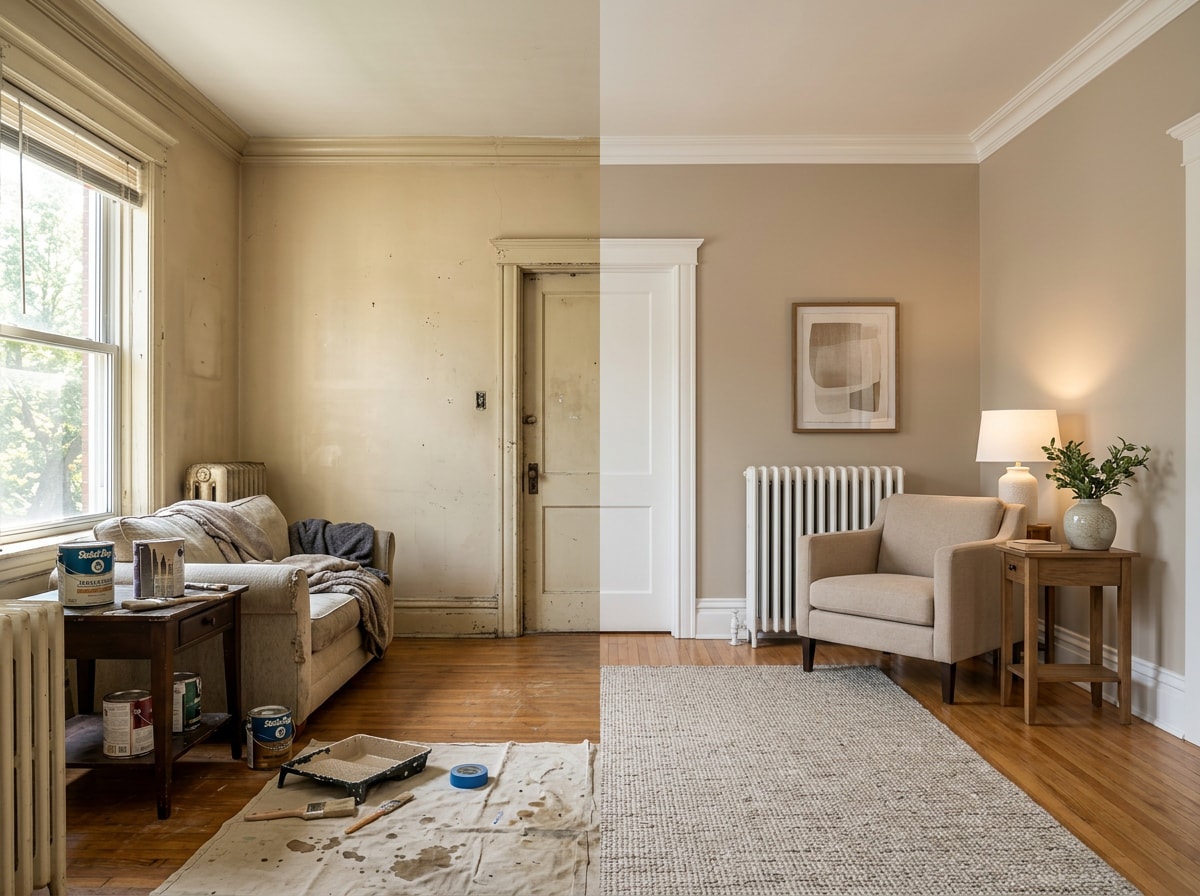 Before and after interior room repaint showing fresh wall painting and trim painting in a Kingman, AZ home