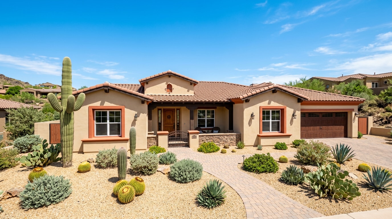 Freshly painted stucco home exterior under bright Arizona sun Freshly painted stucco home exterior under bright Arizona sun