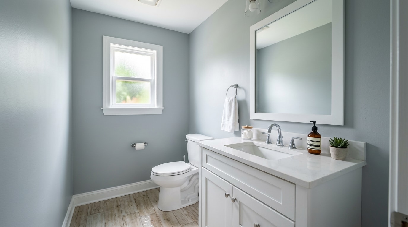 Freshly painted small bathroom with gray-blue walls and white trim in a Lake Havasu City home
