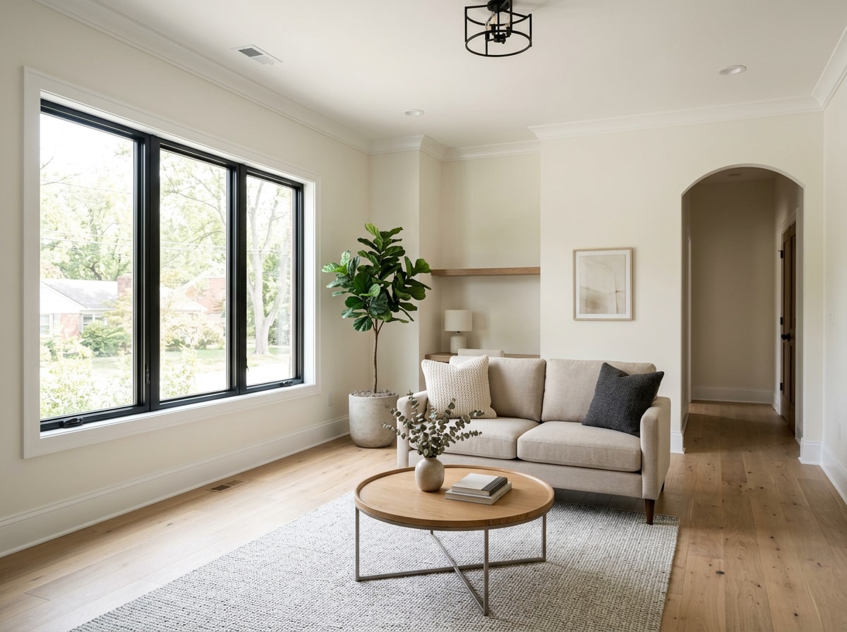 Freshly painted interior living room in a new Bullhead City home with crisp trim lines