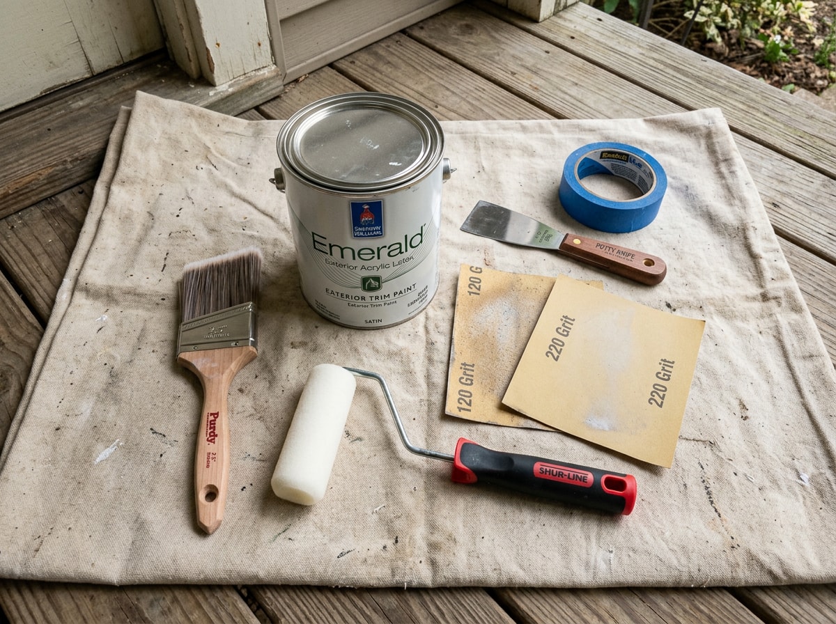 Flat lay of exterior door frame painting supplies including angled paintbrush, sandpaper, and acrylic trim paint