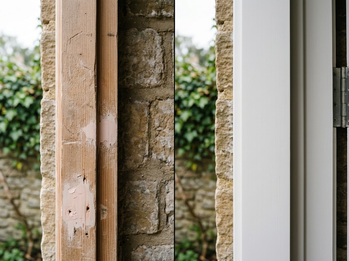 Close-up before and after photo of a sanded and filled exterior door frame ready for primer