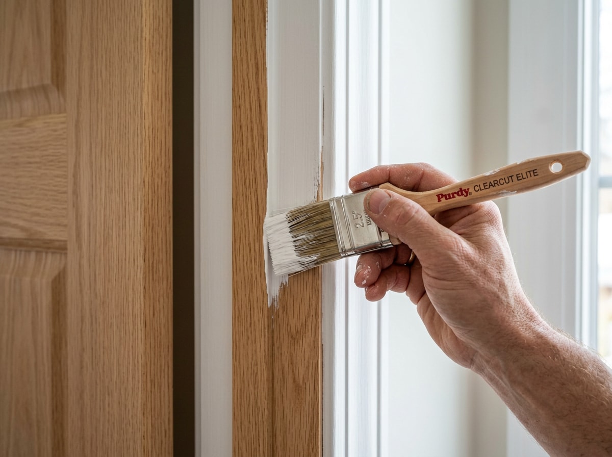 Hands using an angled paintbrush to cut in paint along a door jamb corner
