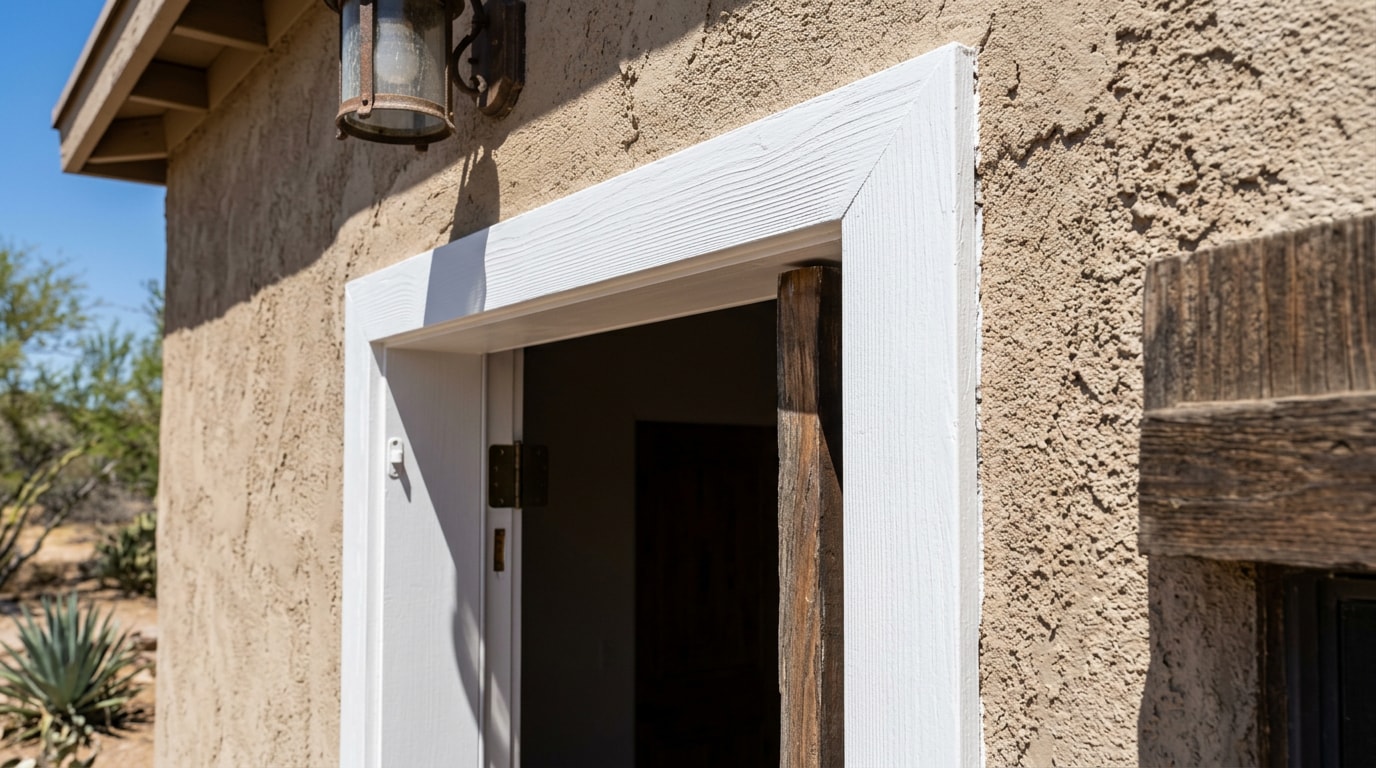 Freshly painted white exterior door frame on a desert-style Kingman, AZ home