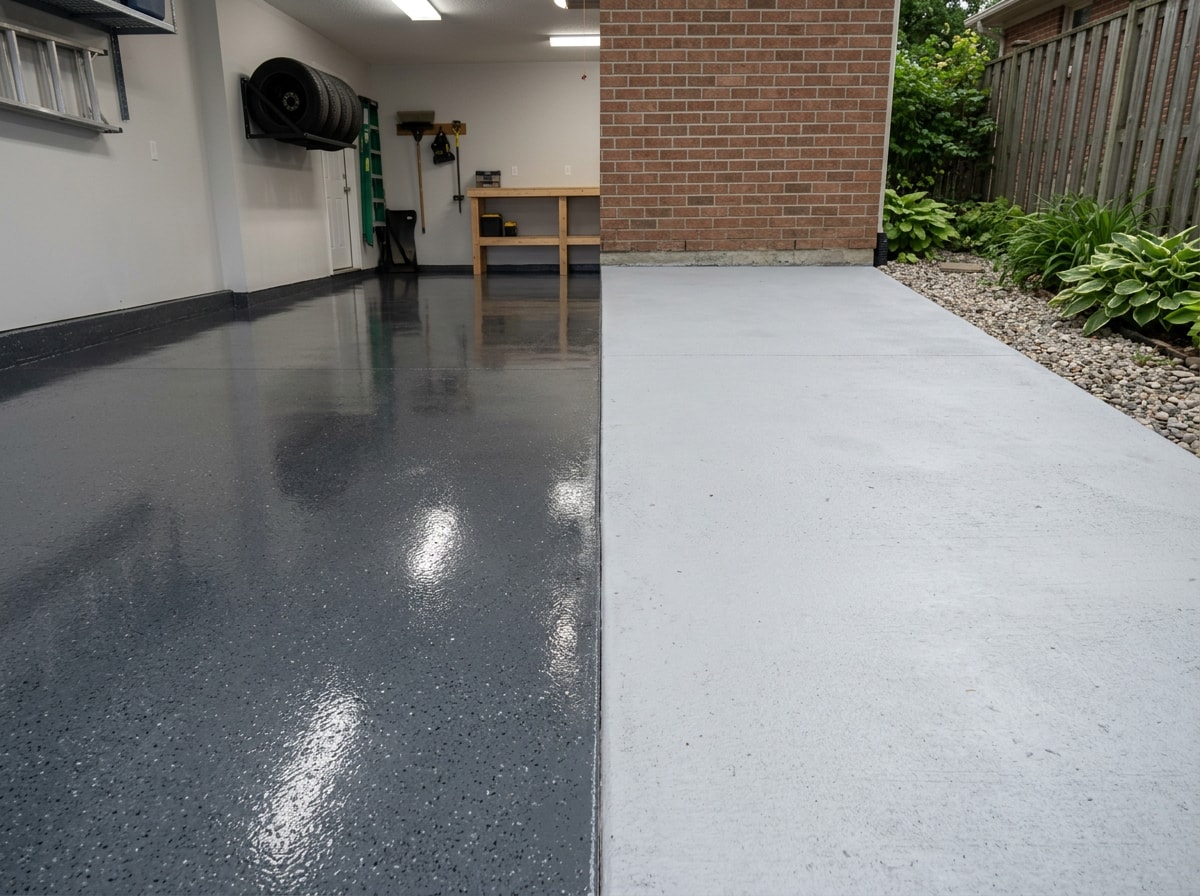 Side-by-side view of a sealed garage floor with a glossy epoxy finish and an adjacent sealed concrete patio with a matte acrylic finish