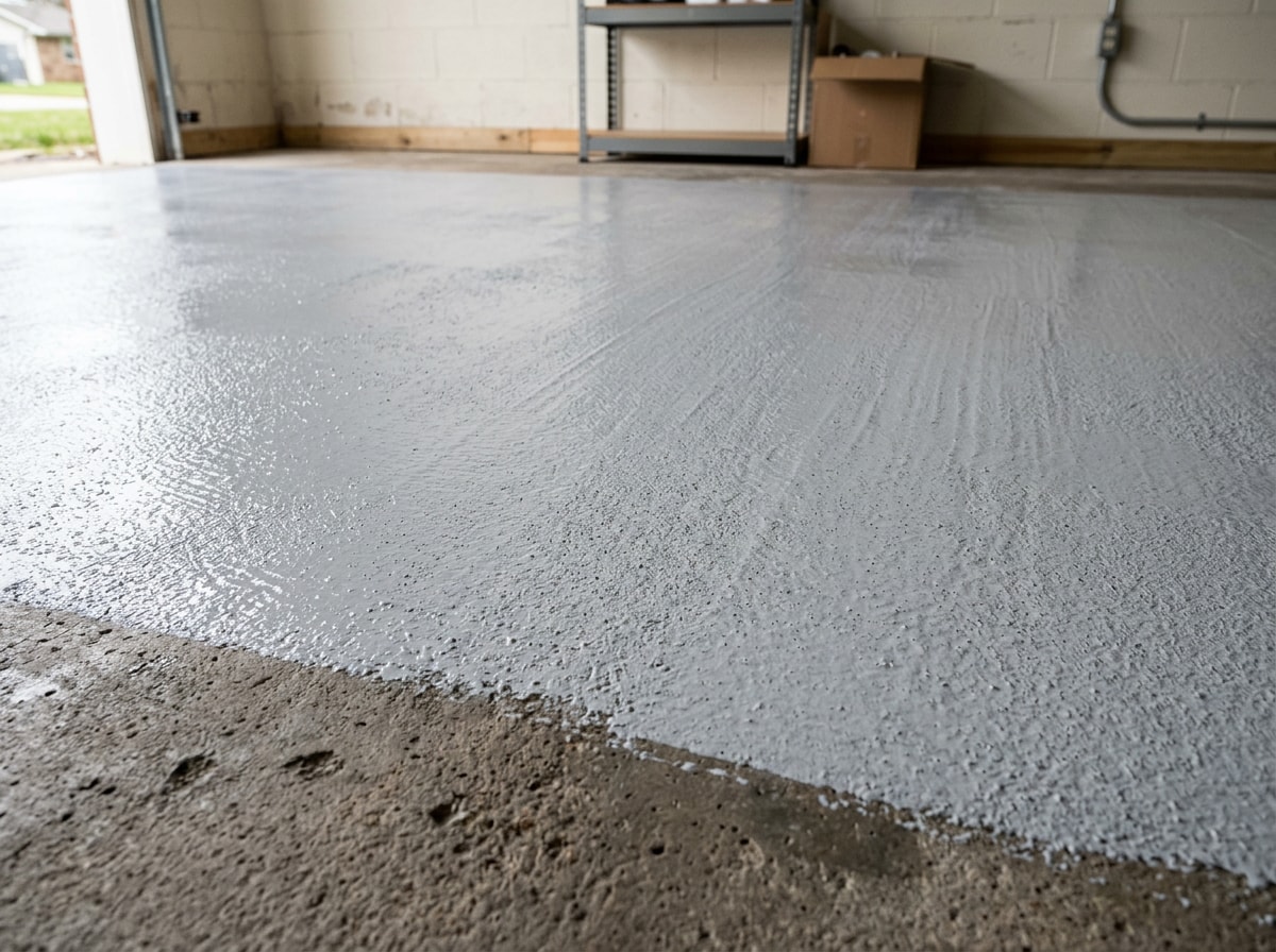 Freshly applied first coat of light gray concrete floor paint on a garage floor showing visible roller texture and even coverage