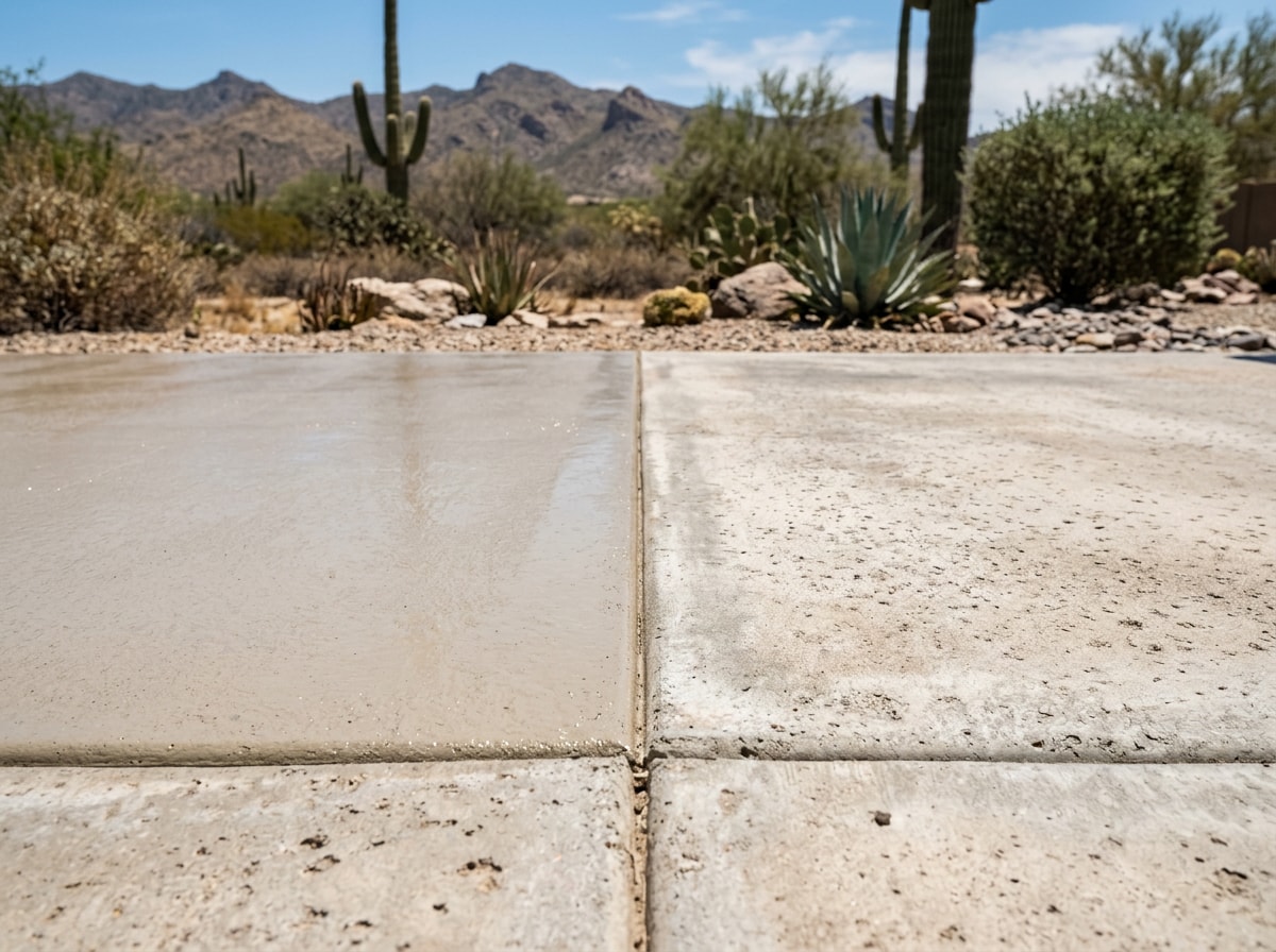 Sunlit concrete patio slab with a sealed, coated section next to an untreated section showing visible heat shimmer and contrast in surface sheen