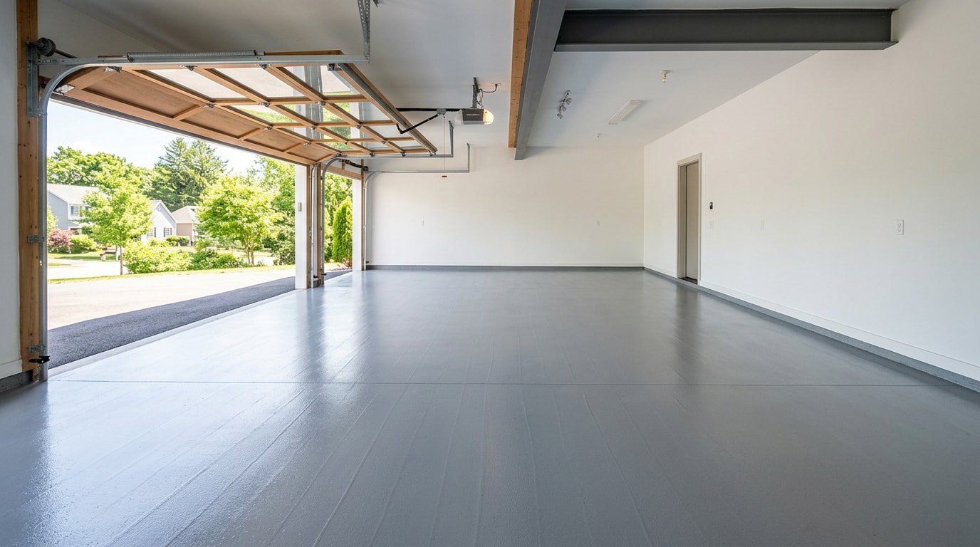 Freshly painted garage concrete floor with a smooth gray epoxy finish Freshly painted garage concrete floor with a smooth gray epoxy finish
