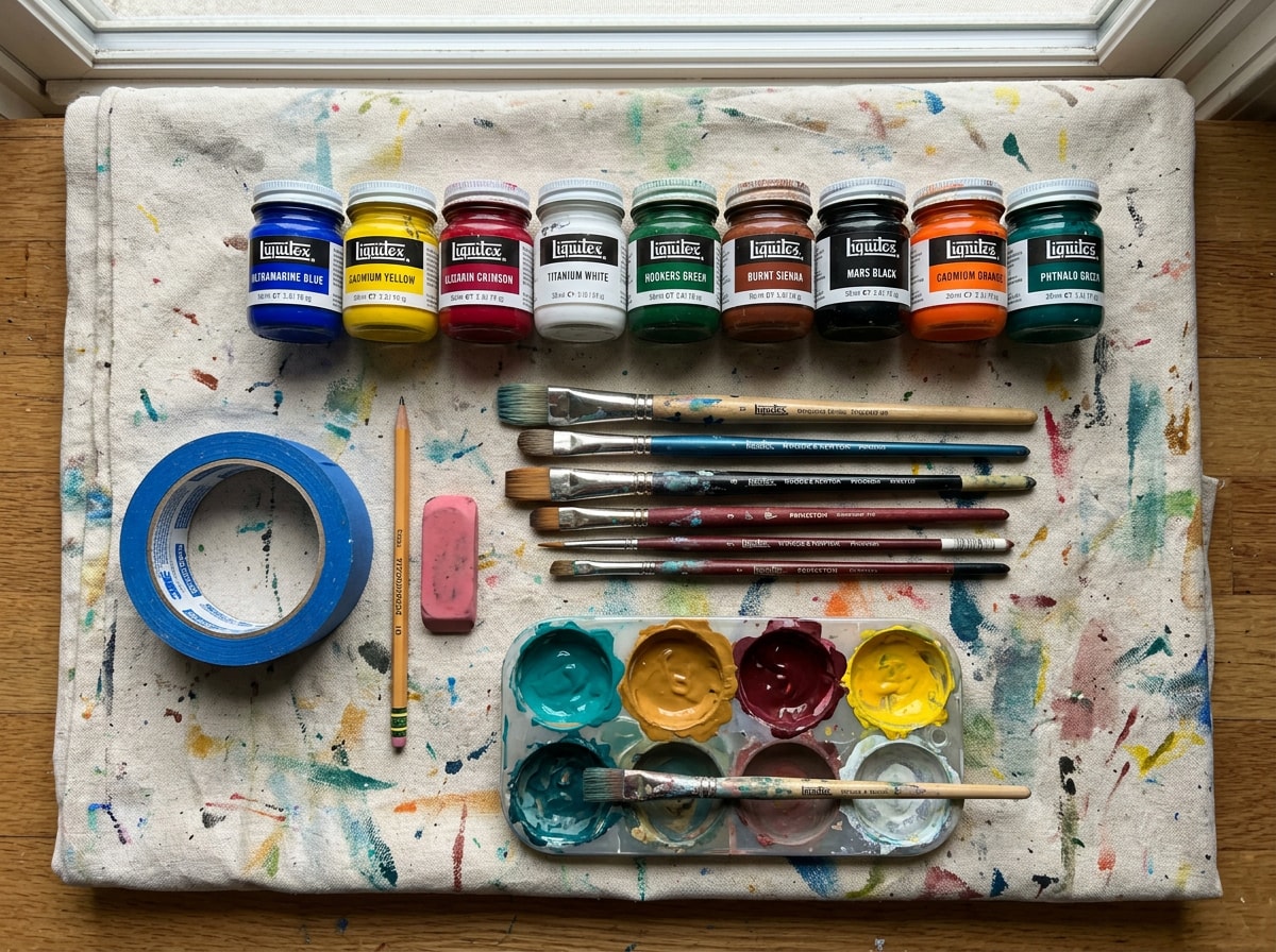 Flat-lay of acrylic paint tubes, brushes, and painter's tape for an interior wall mural