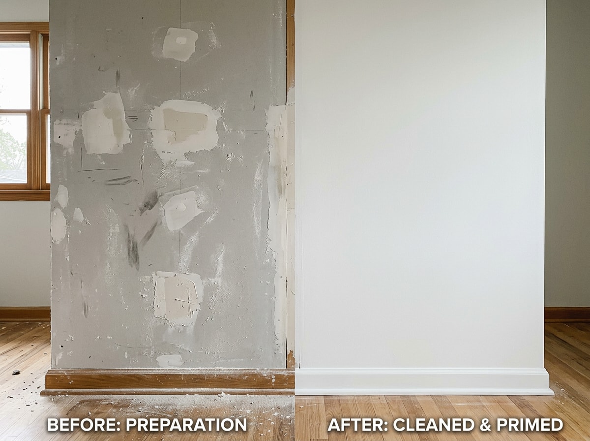 Before and after comparison of a cleaned and primed interior wall ready for a mural