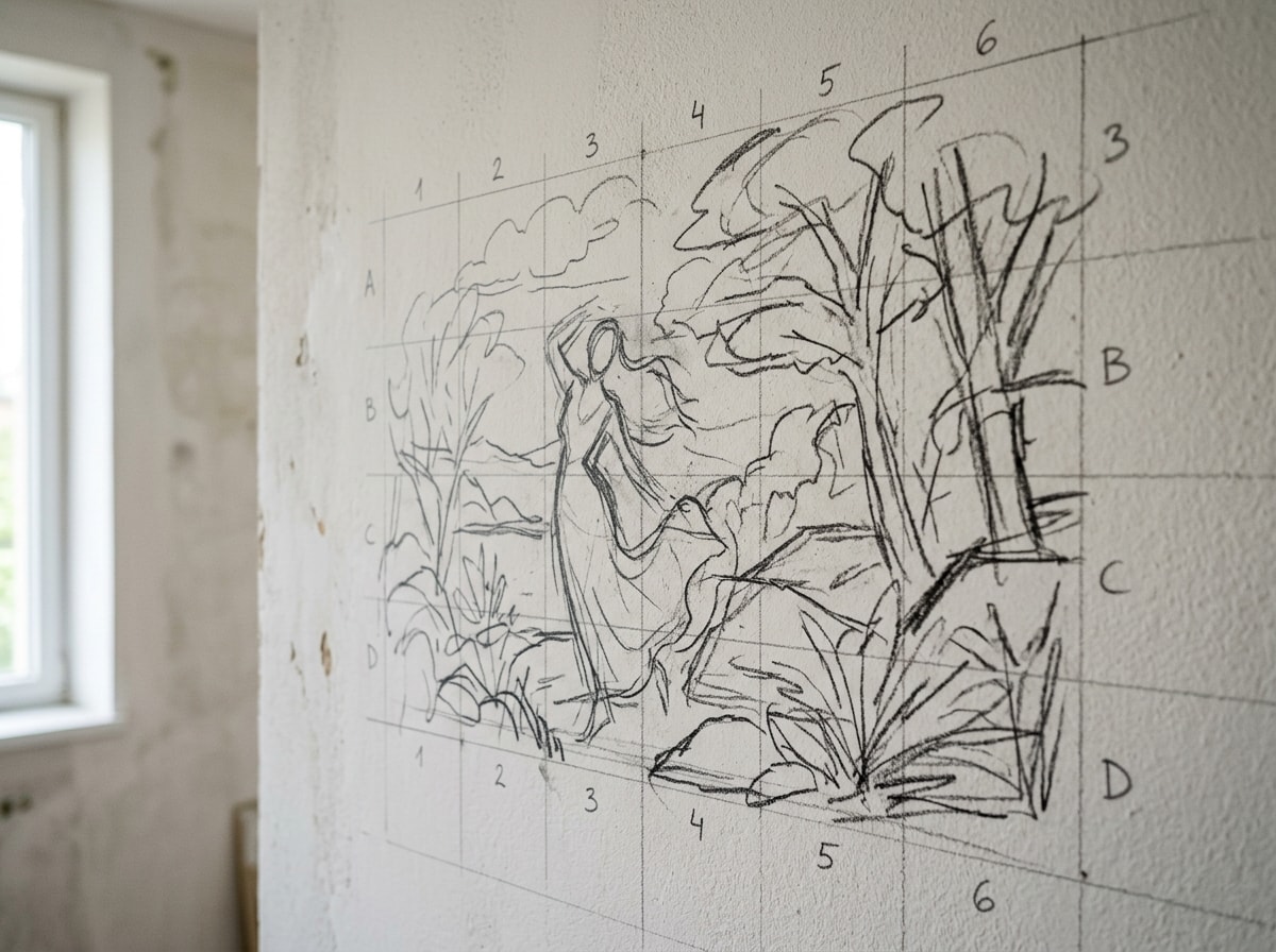 Pencil outline of a mural design sketched onto an interior wall using the grid method