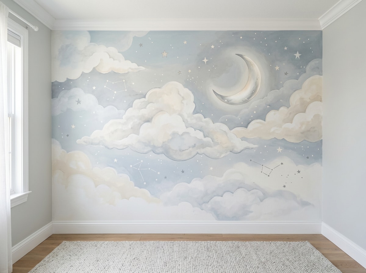 Finished soft-toned mural painted on a bedroom accent wall