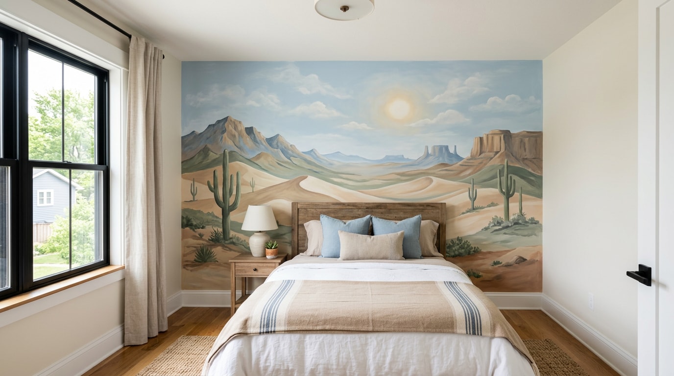 Finished hand-painted mural on an interior accent wall in a Seligman, AZ home Finished hand-painted mural on an interior accent wall in a Seligman, AZ home