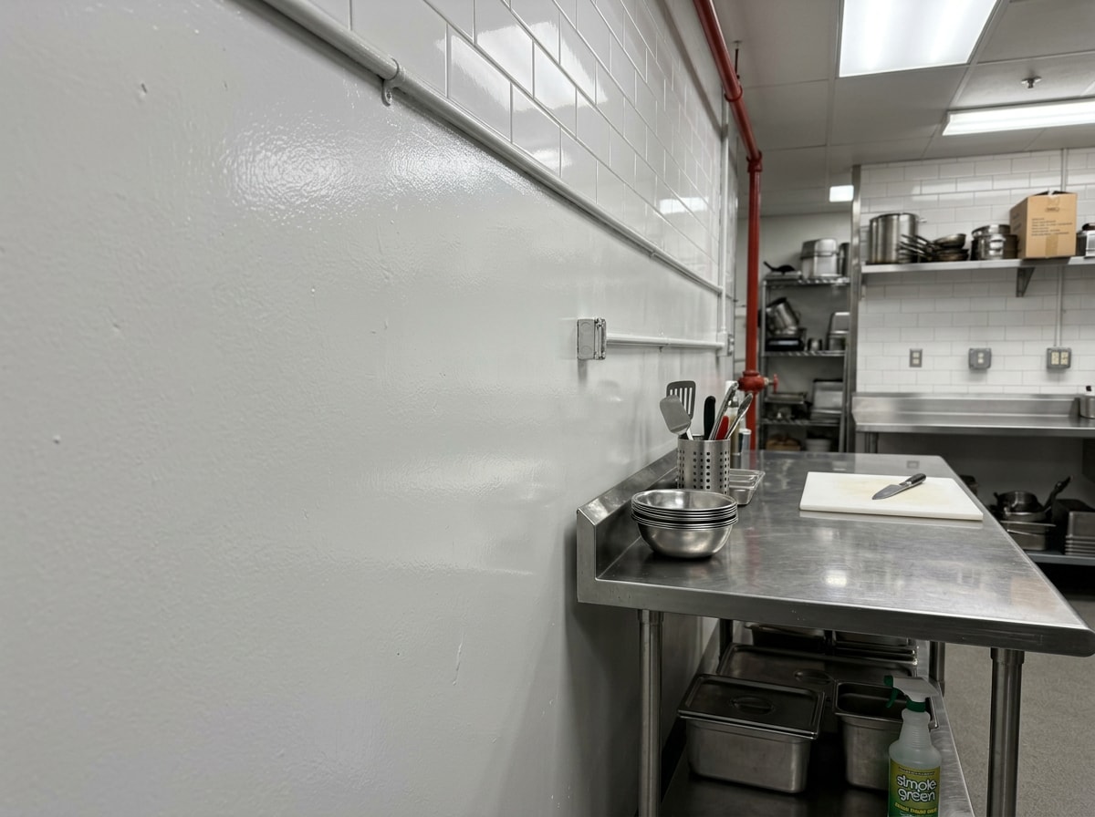 Freshly painted restaurant kitchen wall with semi-gloss grease-resistant coating