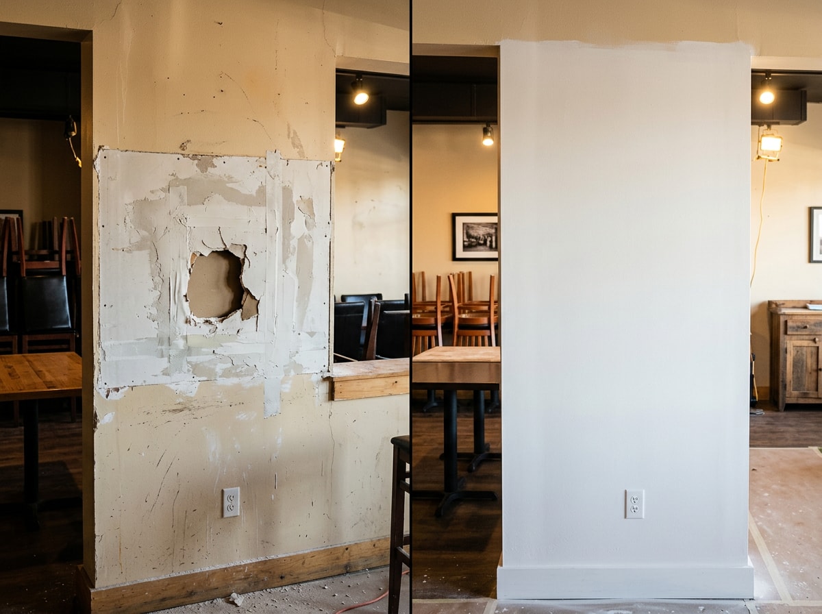 Before and after view of restaurant drywall repair and priming
