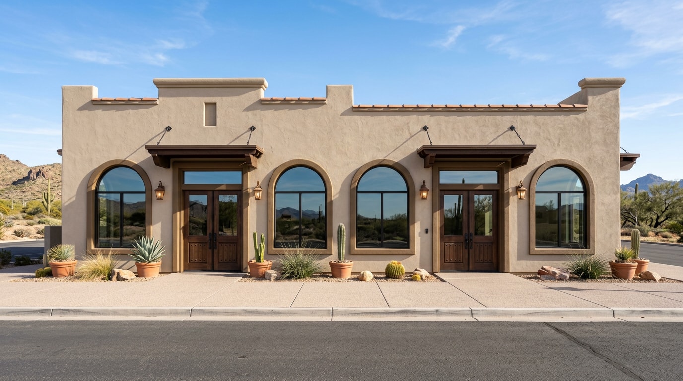 Freshly painted restaurant exterior in Fort Mohave, AZ with clean stucco and trim Freshly painted restaurant exterior in Fort Mohave, AZ with clean stucco and trim