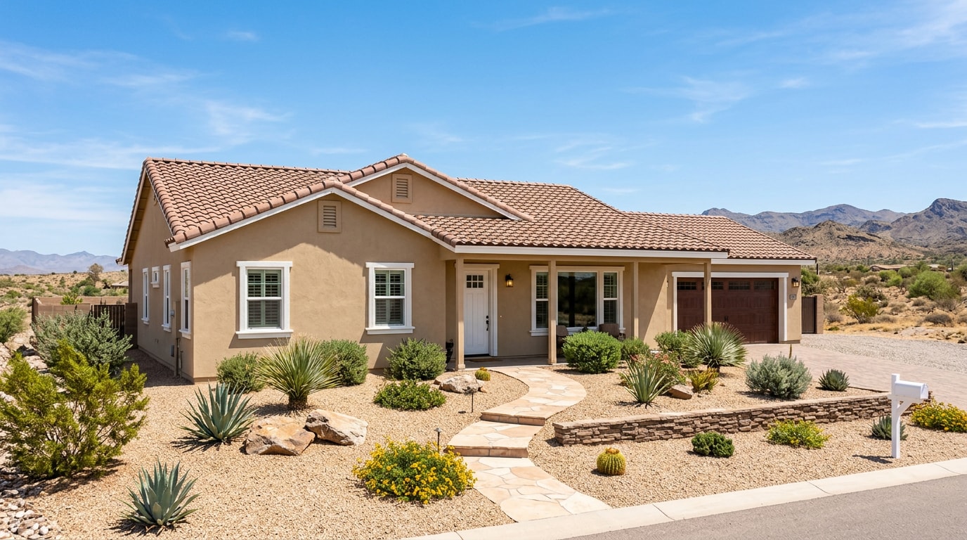 Freshly painted single-story home exterior in Golden Valley, AZ with desert landscaping Freshly painted single-story home exterior in Golden Valley, AZ with desert landscaping