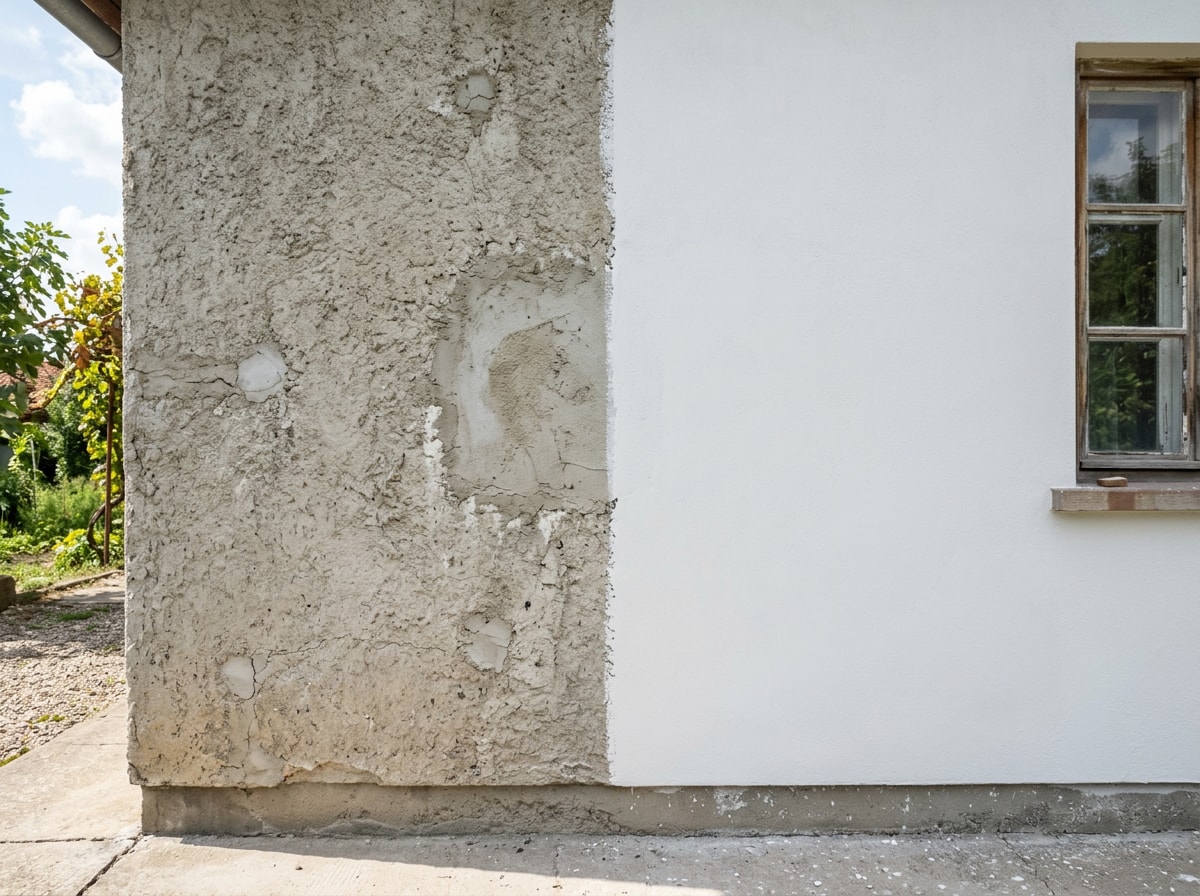 Before and after comparison of exterior wall surface prep and priming for watercolor house painting
