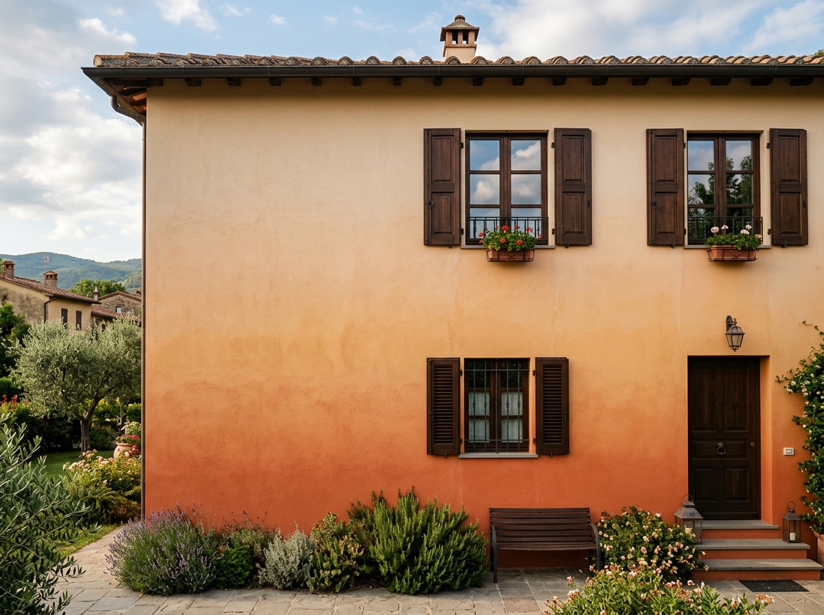 Exterior wall painted with a vertical ombré gradient wash from dark base to light top