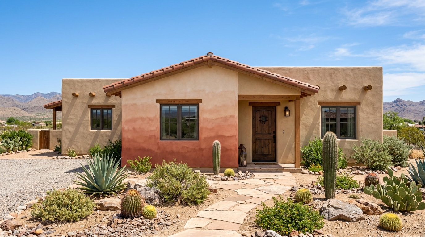 Stucco house exterior in Kingman, AZ featuring a watercolor-style ombre painted accent wall