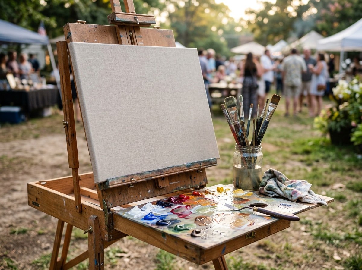 Artist's easel and canvas setup prepared for a live event painting session