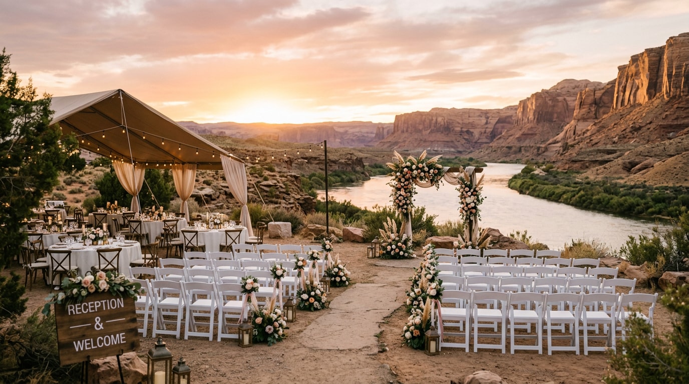Outdoor wedding reception setup near the Colorado River in Bullhead City, AZ at sunset