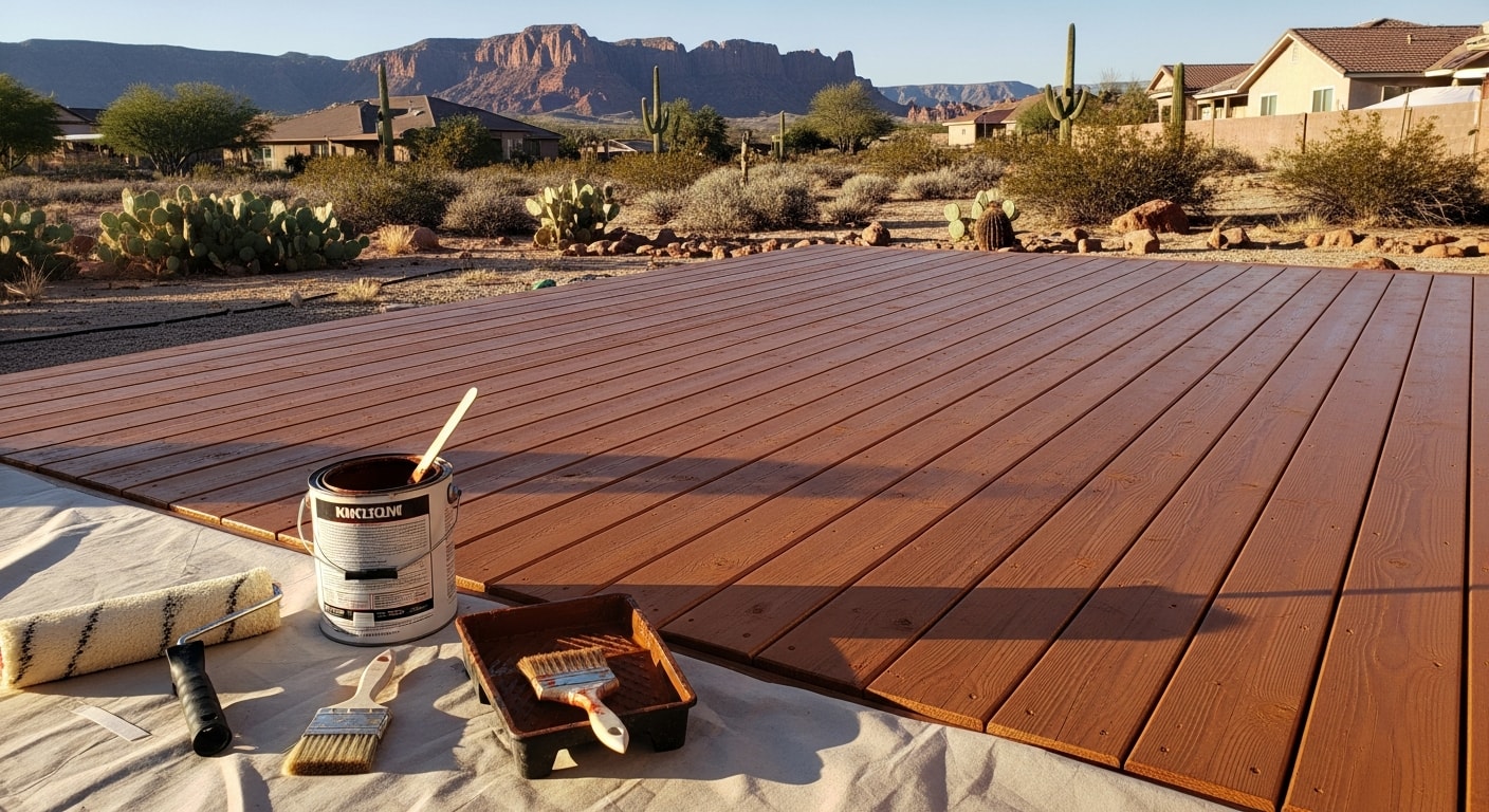 Professionally stained wooden deck with protective finish