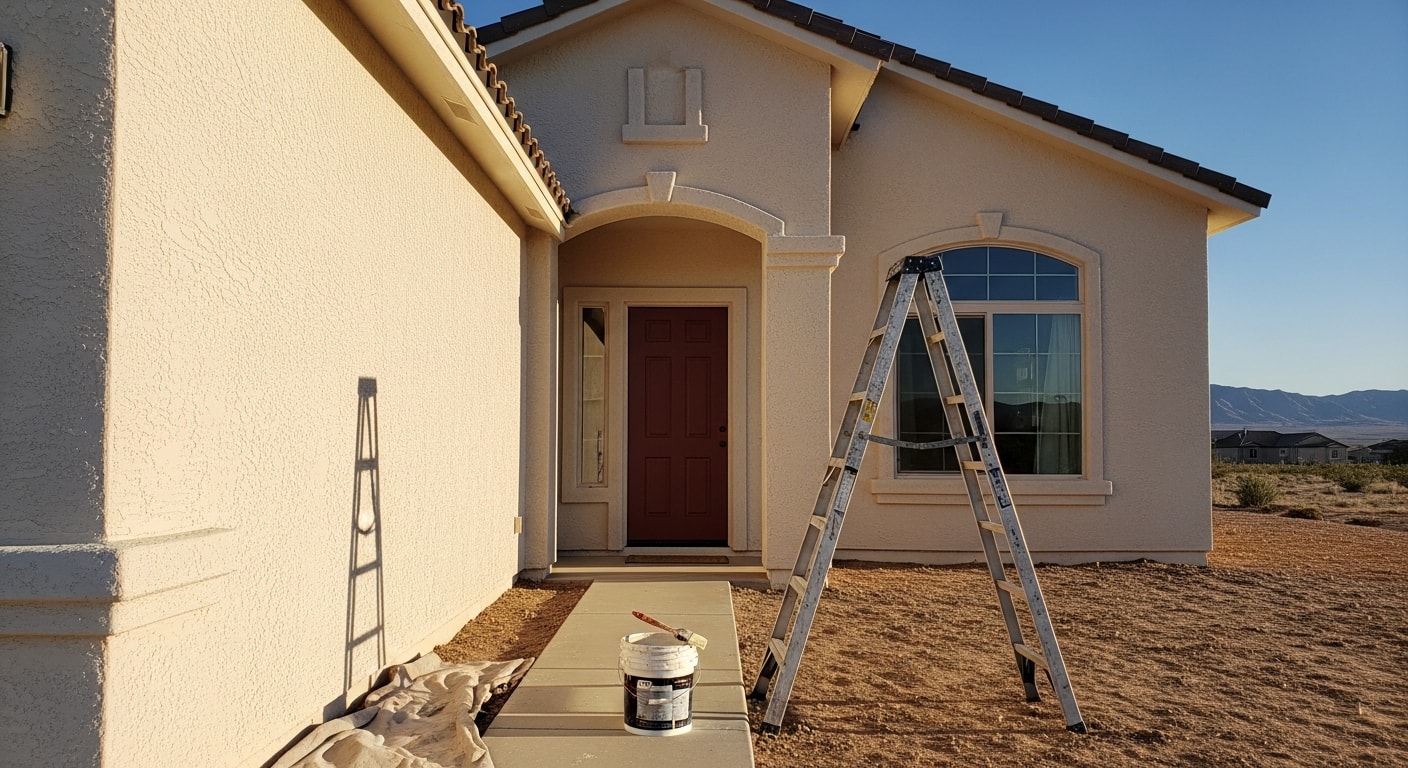 Professional house painter applying exterior paint to residential home
