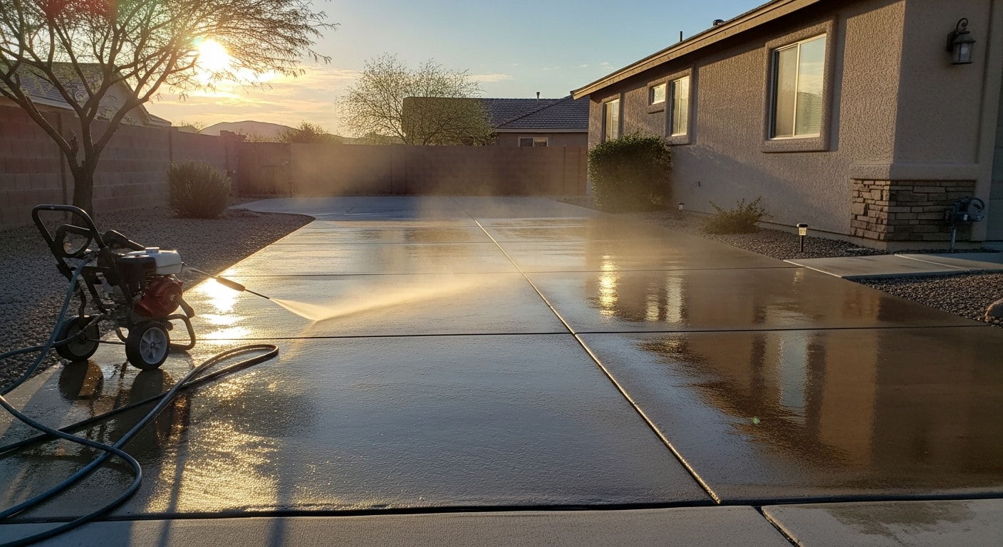 Pressure washing cleaning exterior deck surface
