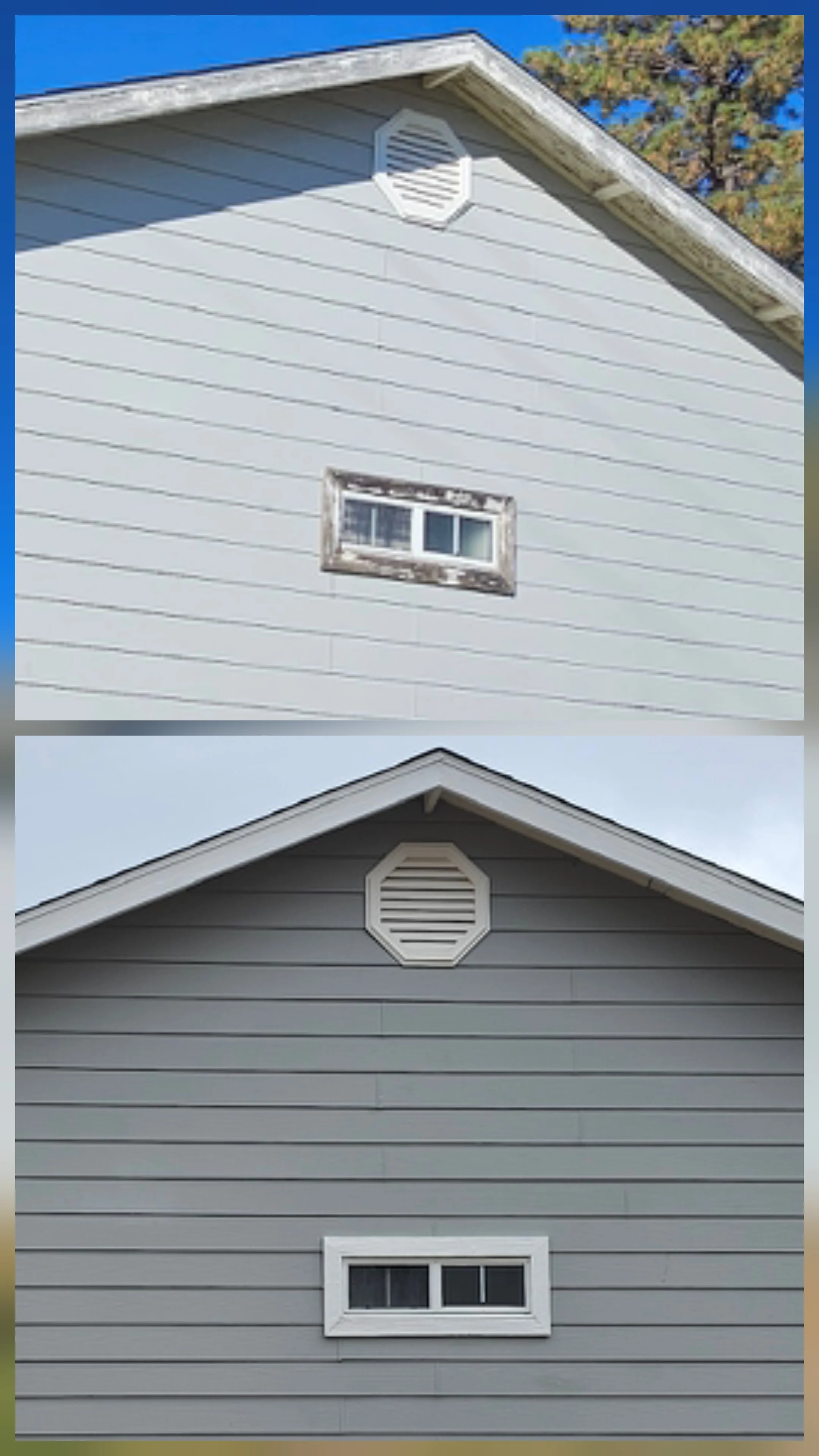 Garage gable with horizontal siding, octagonal vent, and window trim painted light gray