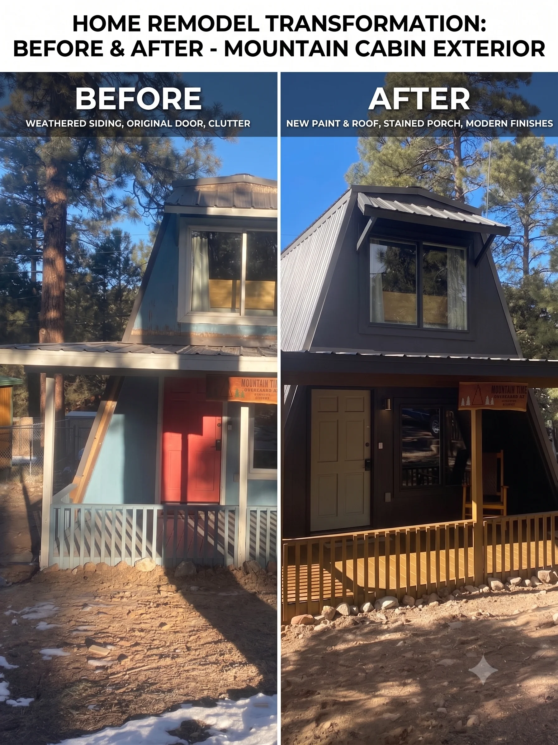 Before and after cabin exterior: weathered siding to dark painted finish, new metal roof, stained wood porch railings
