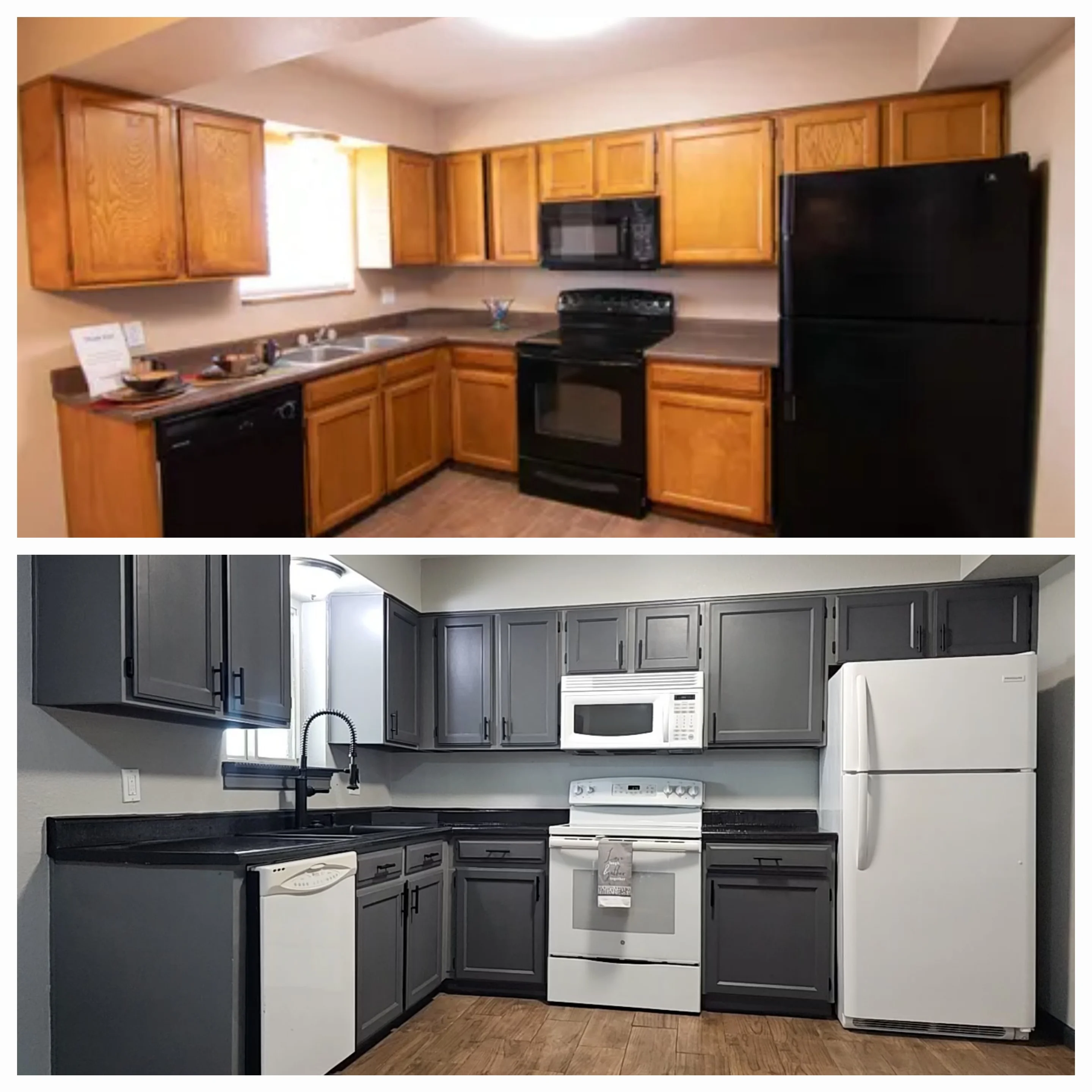 Before and after kitchen cabinet refinishing from oak to charcoal gray with black countertops