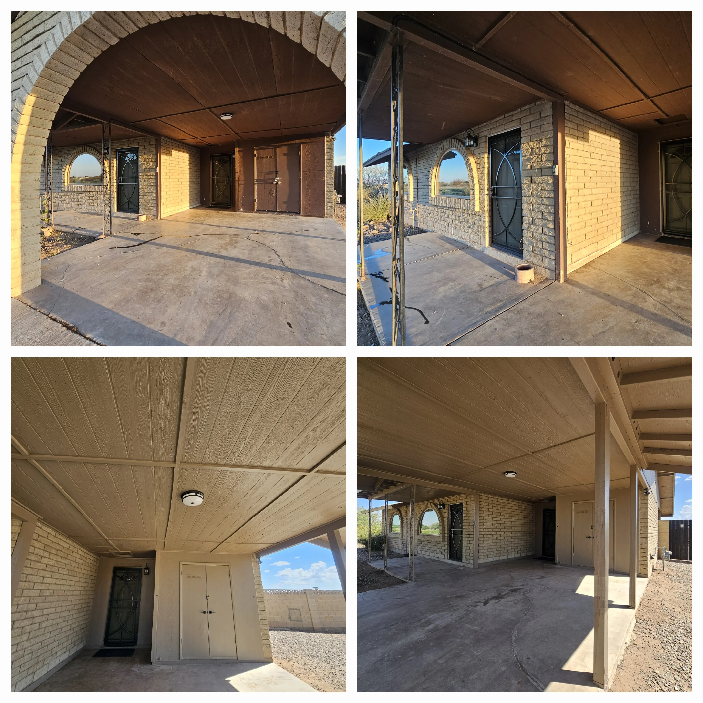 Brick patio with stained wood ceiling, painted doors, and finished concrete flooring