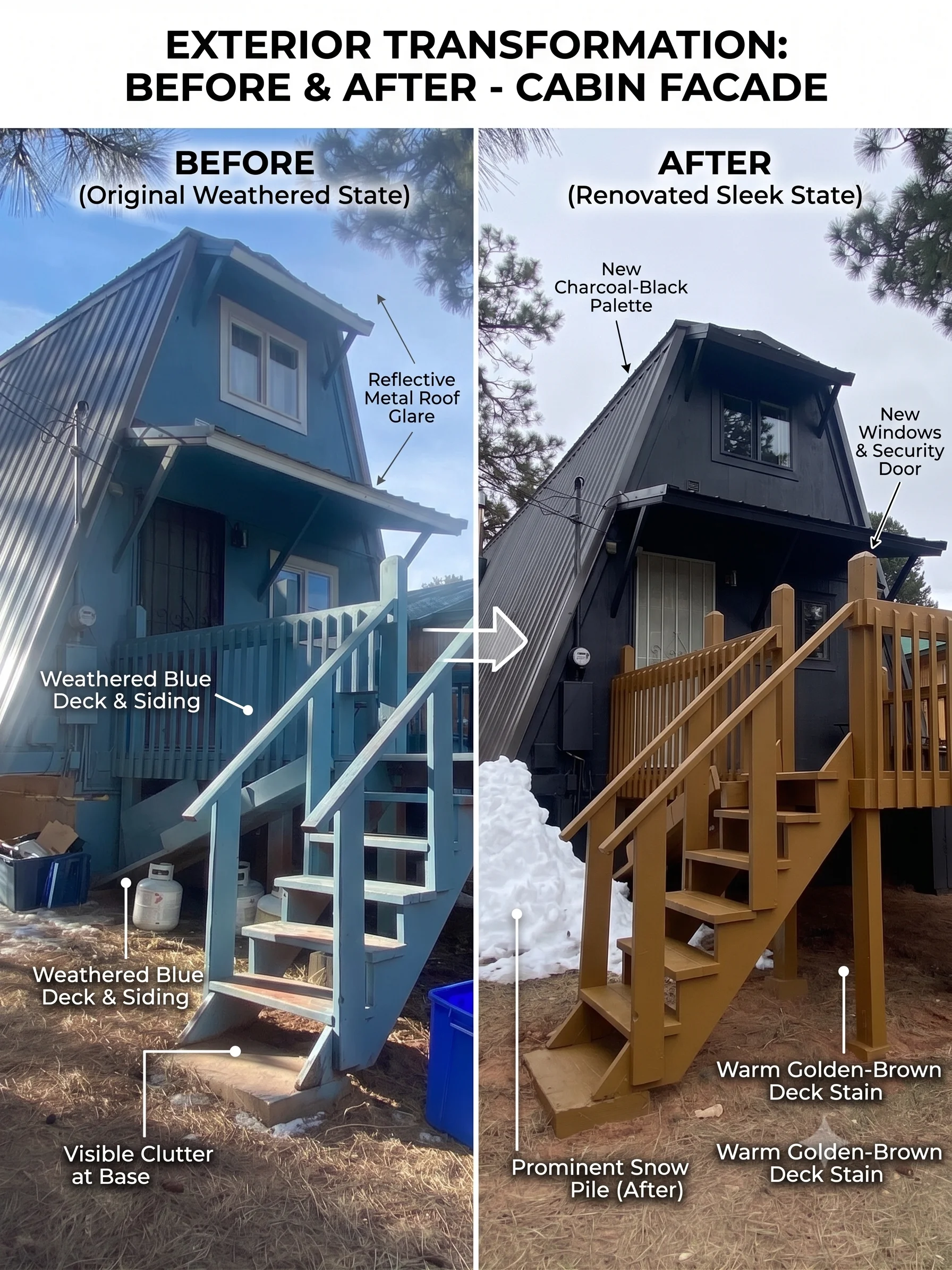 Cabin facade before and after: weathered blue siding transformed to charcoal-black with new windows and golden-brown stained deck