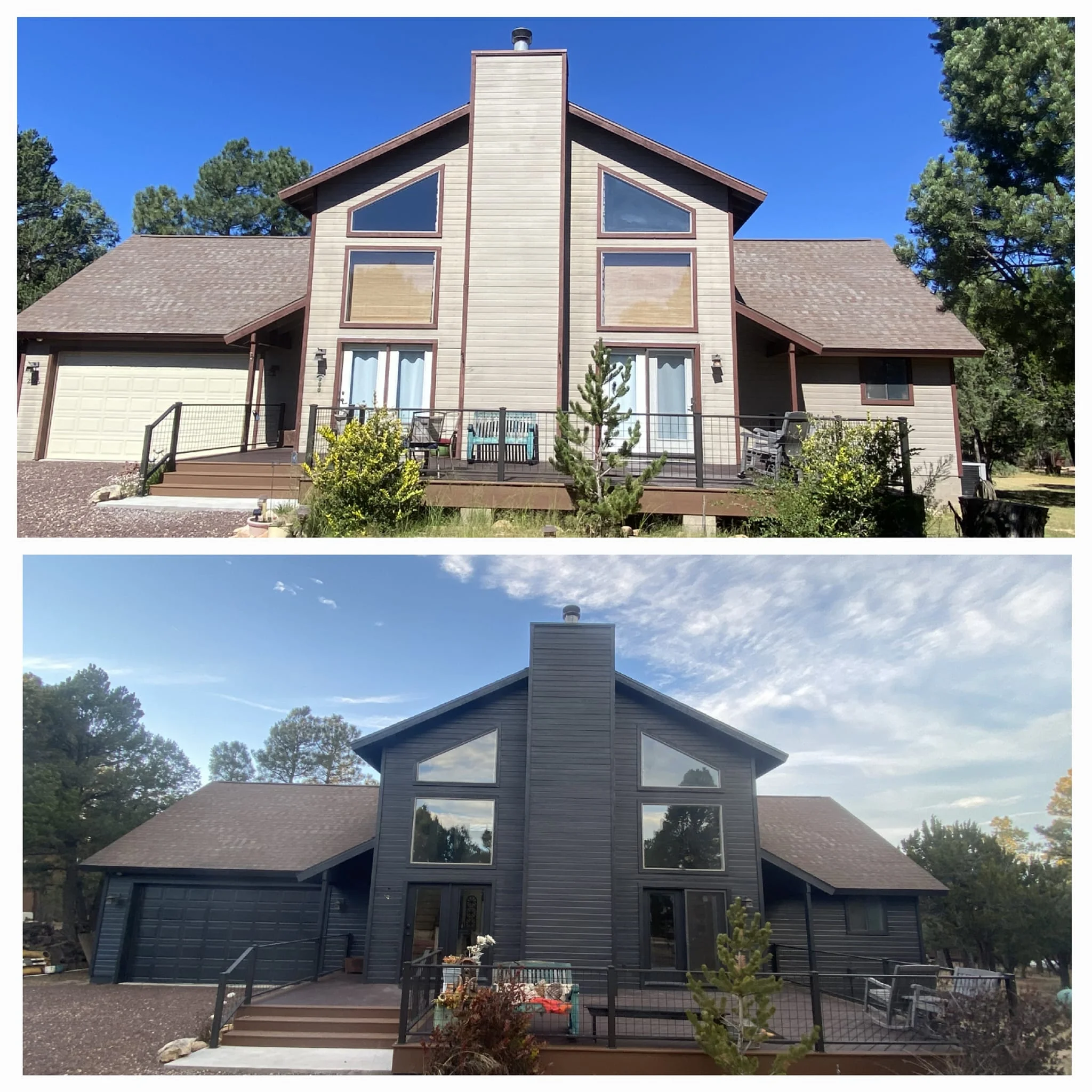 Before and after exterior house painting: light tan siding changed to charcoal gray on contemporary home with gabled roof