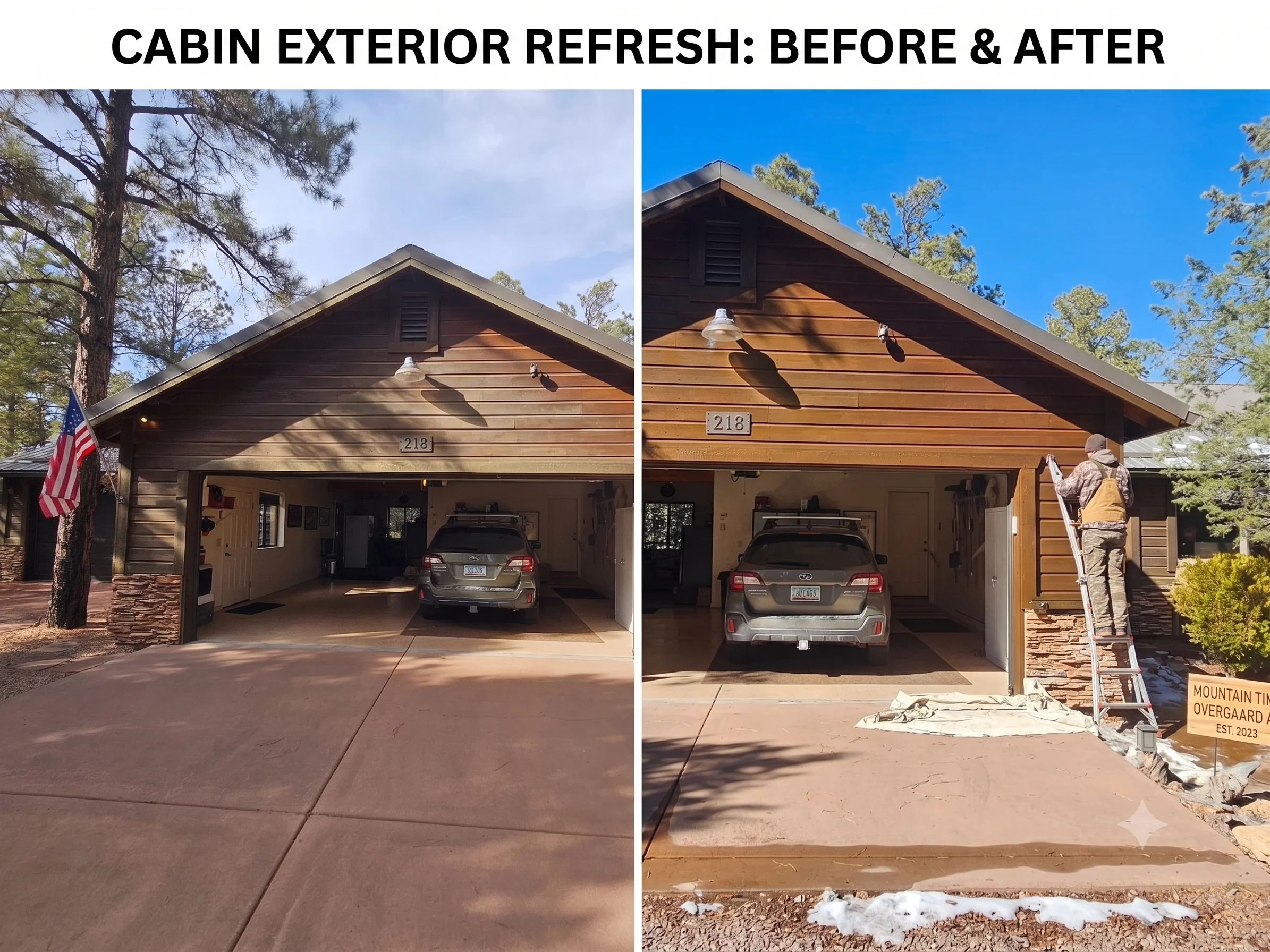 Wood cabin exterior with freshly stained horizontal siding and gable, garage door visible